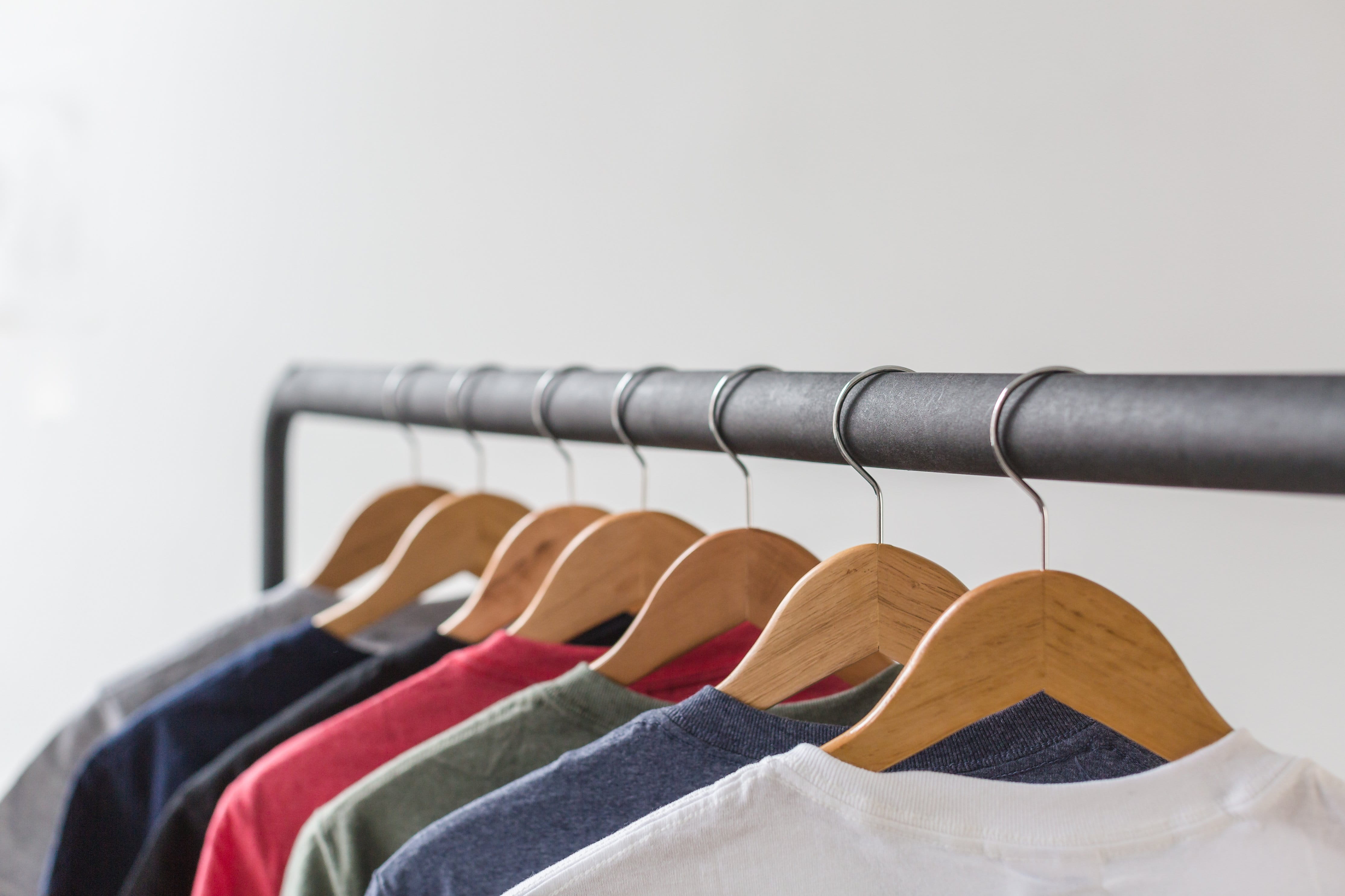 group of objects, T-Shirts, boutique, Clothes, Red, Wood, clothing, clothing store, silver colored, closet, retail, business, indoors, people, Green, photo, HD Wallpaper