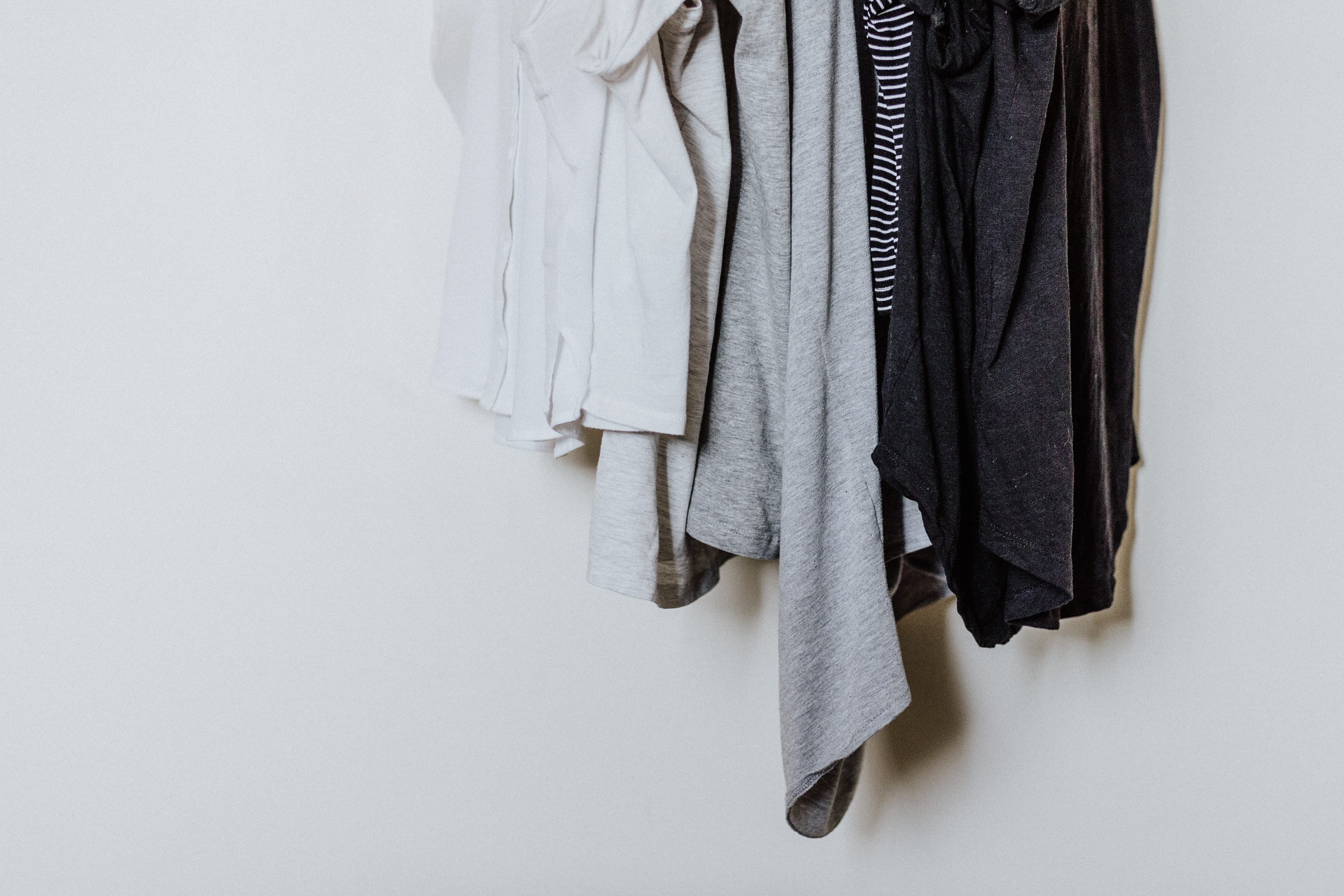 store, jeans, hanged, background, hanging, lifestyles, wall, white color, clothes, style, garment, coat, grey, sweater, domestic room, studio shot, fashion, HD Wallpaper