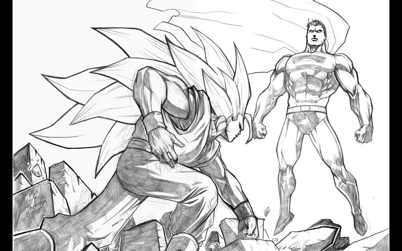 son, Superman, super, 720P, Goku, Comics, saiyan, Crossover, sketch, HD Wallpaper