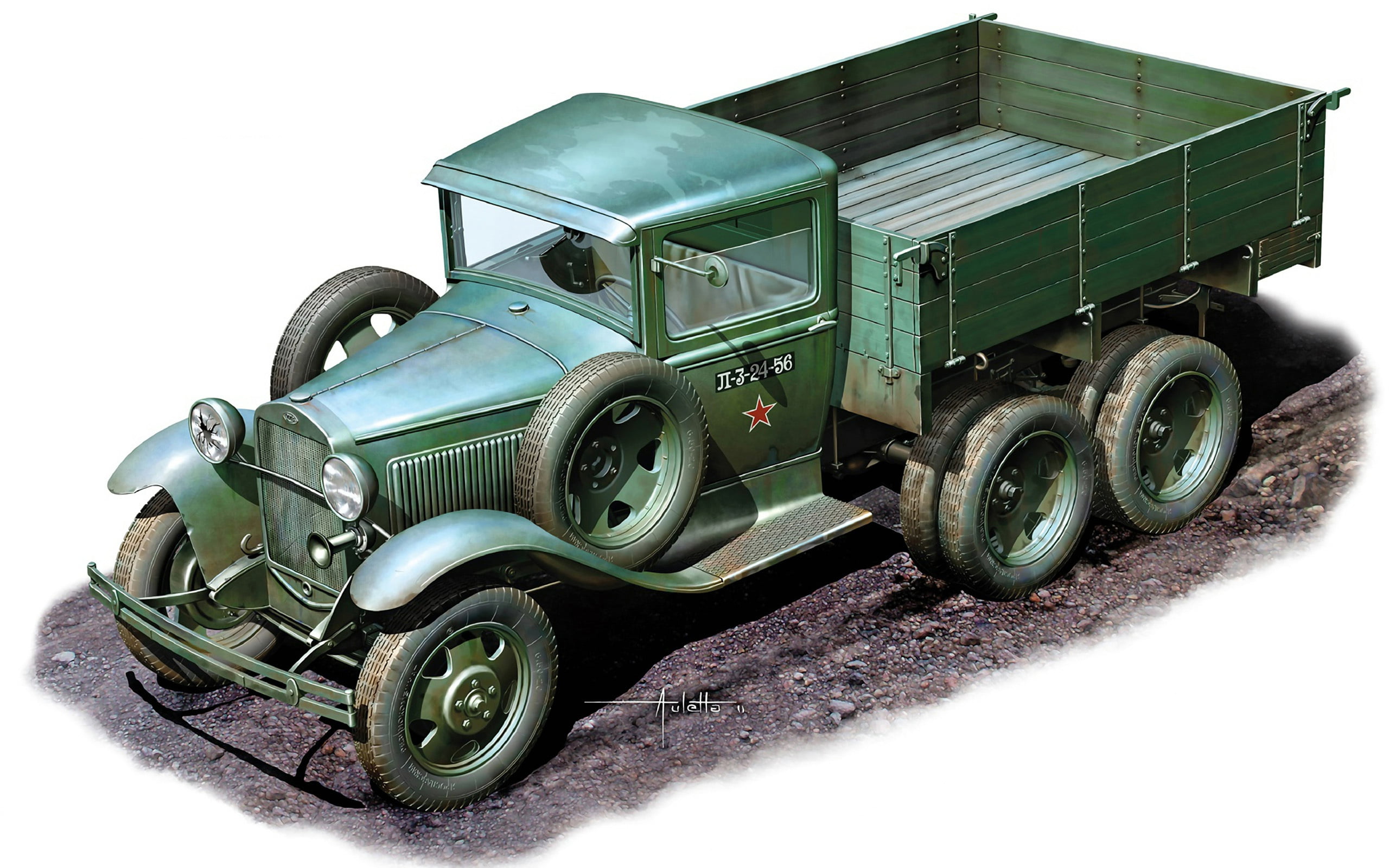 wheel, green, car, green color, triaxial, art, white background, represented, truck, army, road, years, day, WW2., implementation, GAZ-AAA, six-wheeled, HD Wallpaper