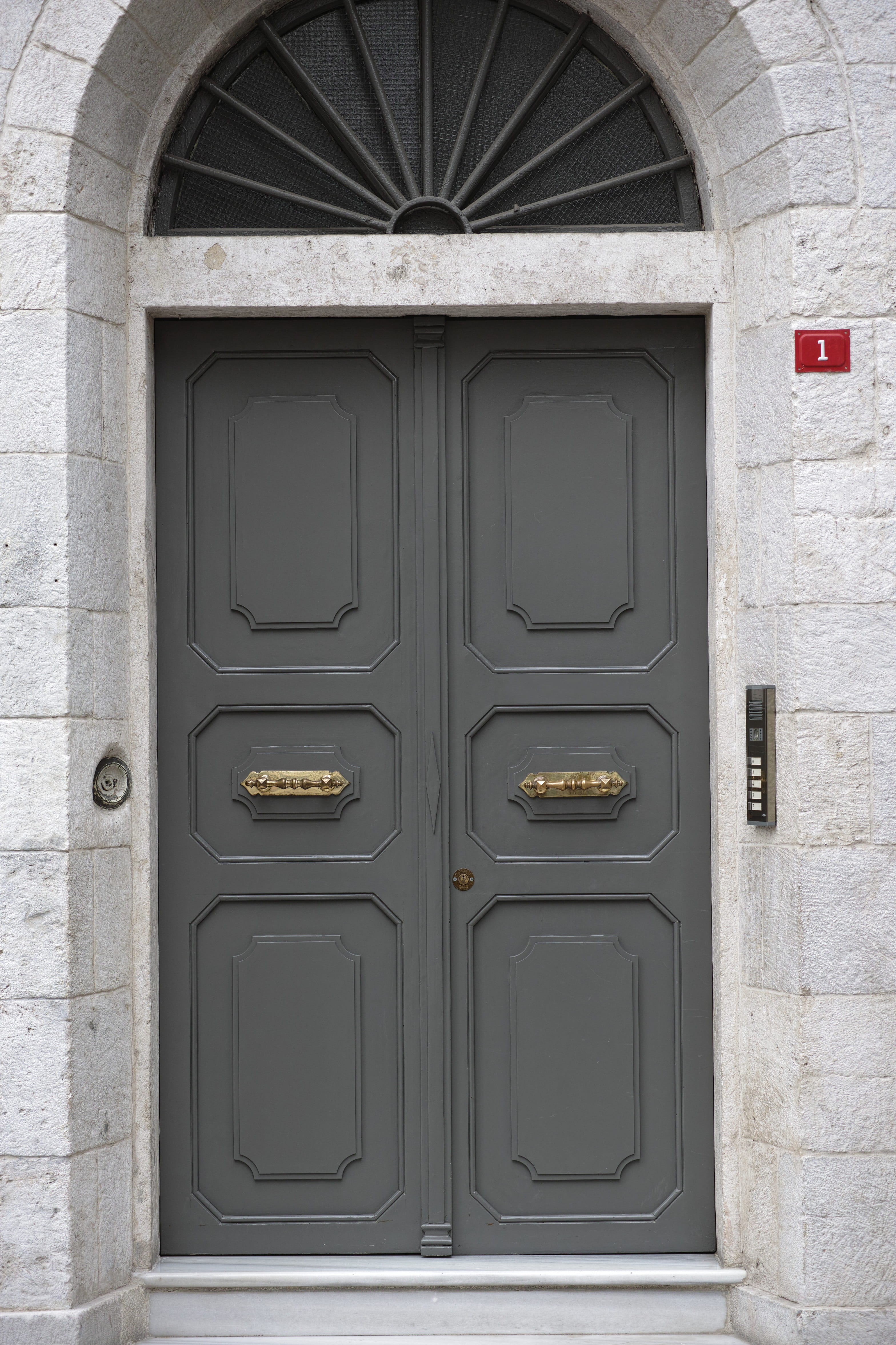 closed, outdoors, front door, buildings, no people, communication, ornament, white color, frontline, grey, home, urban, housing, metal, building, old, door, Phone HD Wallpaper