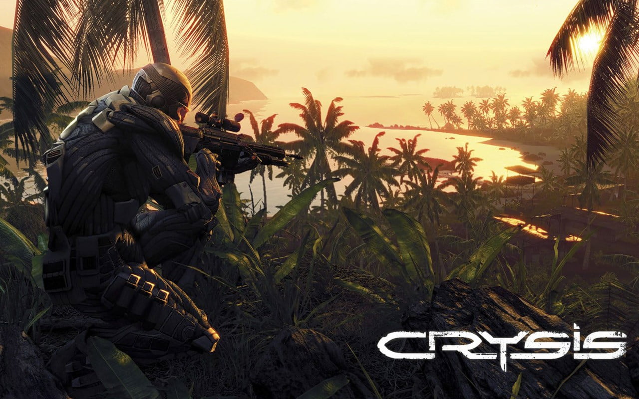 growth, field, beauty in nature, Crysis, 720P, beach, jungle, artwork, sunset, armor, promotional, weapon, plant, male likeness, human representation, HD Wallpaper