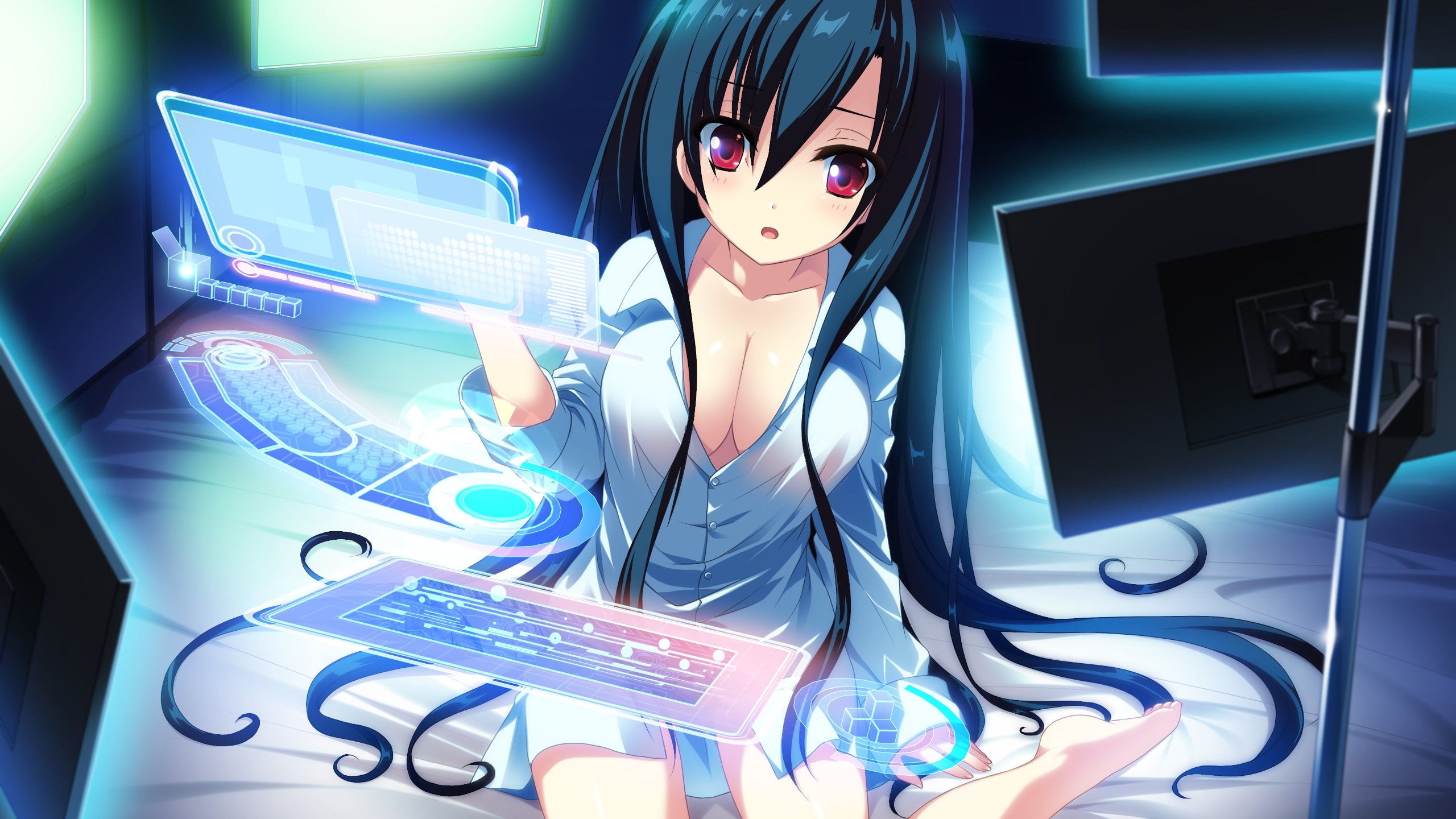 long, momo, eyes, cocoro, shirt, hinata, game, red, function, 2K, hayami, asagao, pulltop, hair, HD Wallpaper