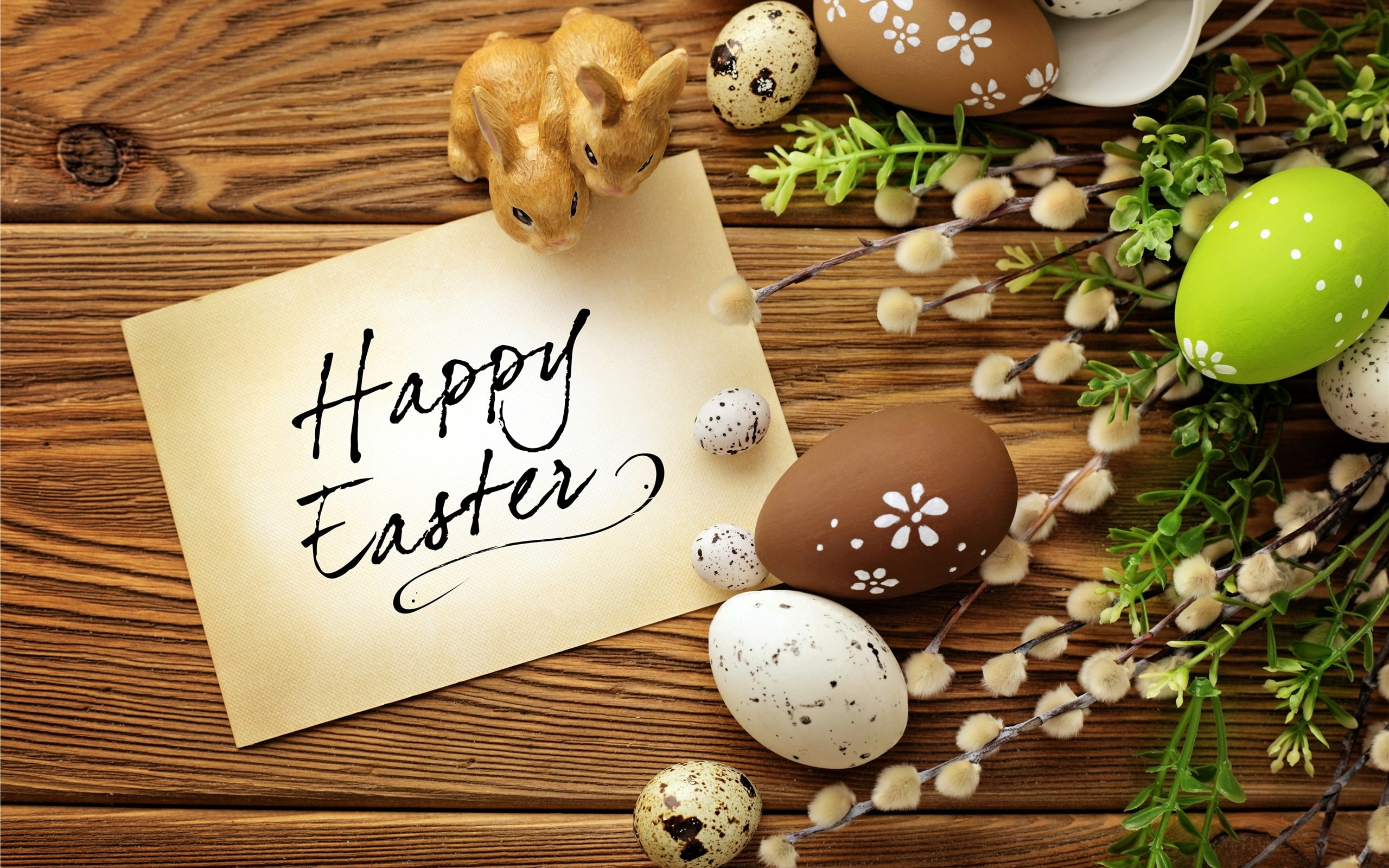Rabbits, Eggs, Easter, 2K, Flowers, Willow, Twigs, HD Wallpaper