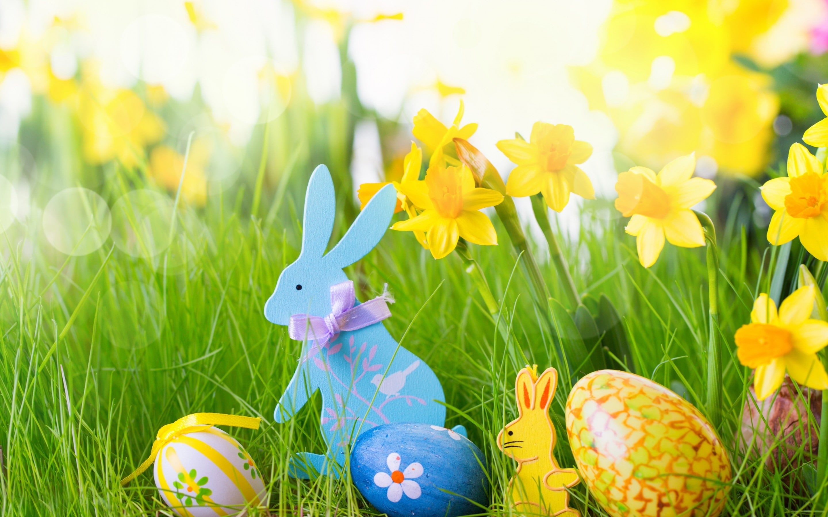 2014 easter, 2K, easter eggs, eggs, easter, easter eggs 2014, rabbit, decors, rabbits, egg, yellow, easter 2014, blue, HD Wallpaper