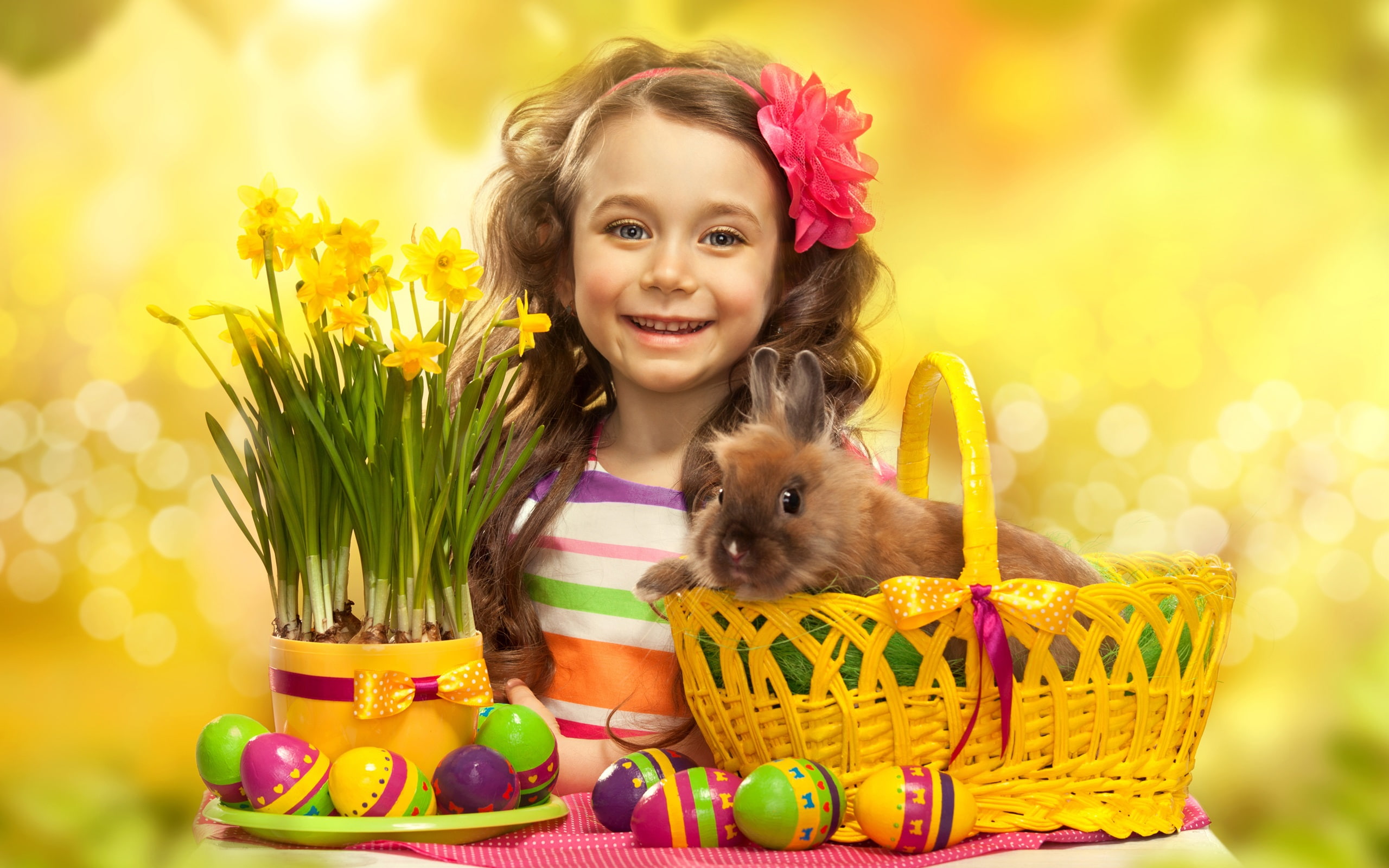 Rabbit, Cute, Girl, Easter, Eggs, Flowers, 2K, HD Wallpaper