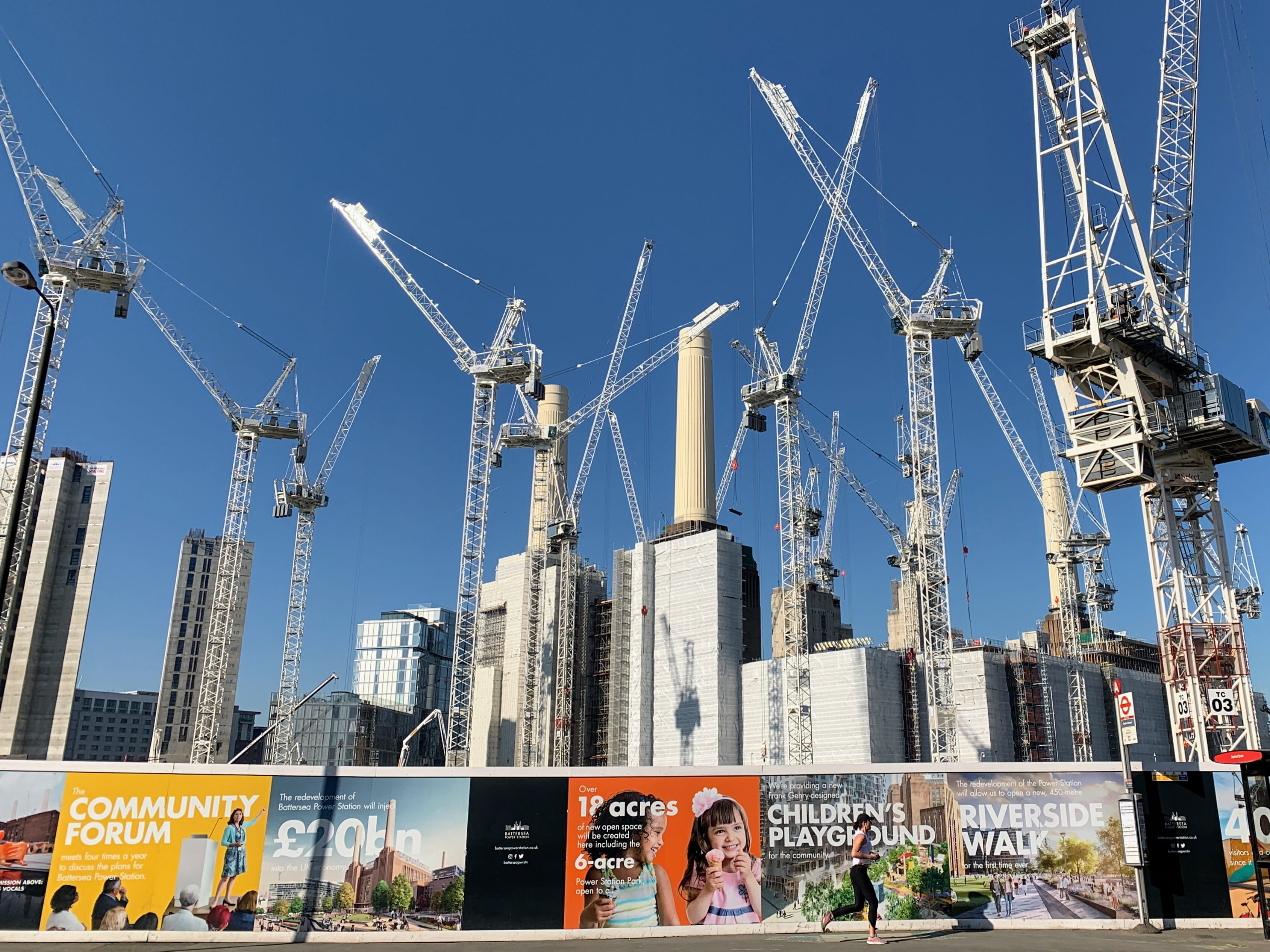 power station, greater london, city, sunlight, nature, construction crane, office building exterior, clear sky, jogger, united kingdom, battersea power station, HD Wallpaper
