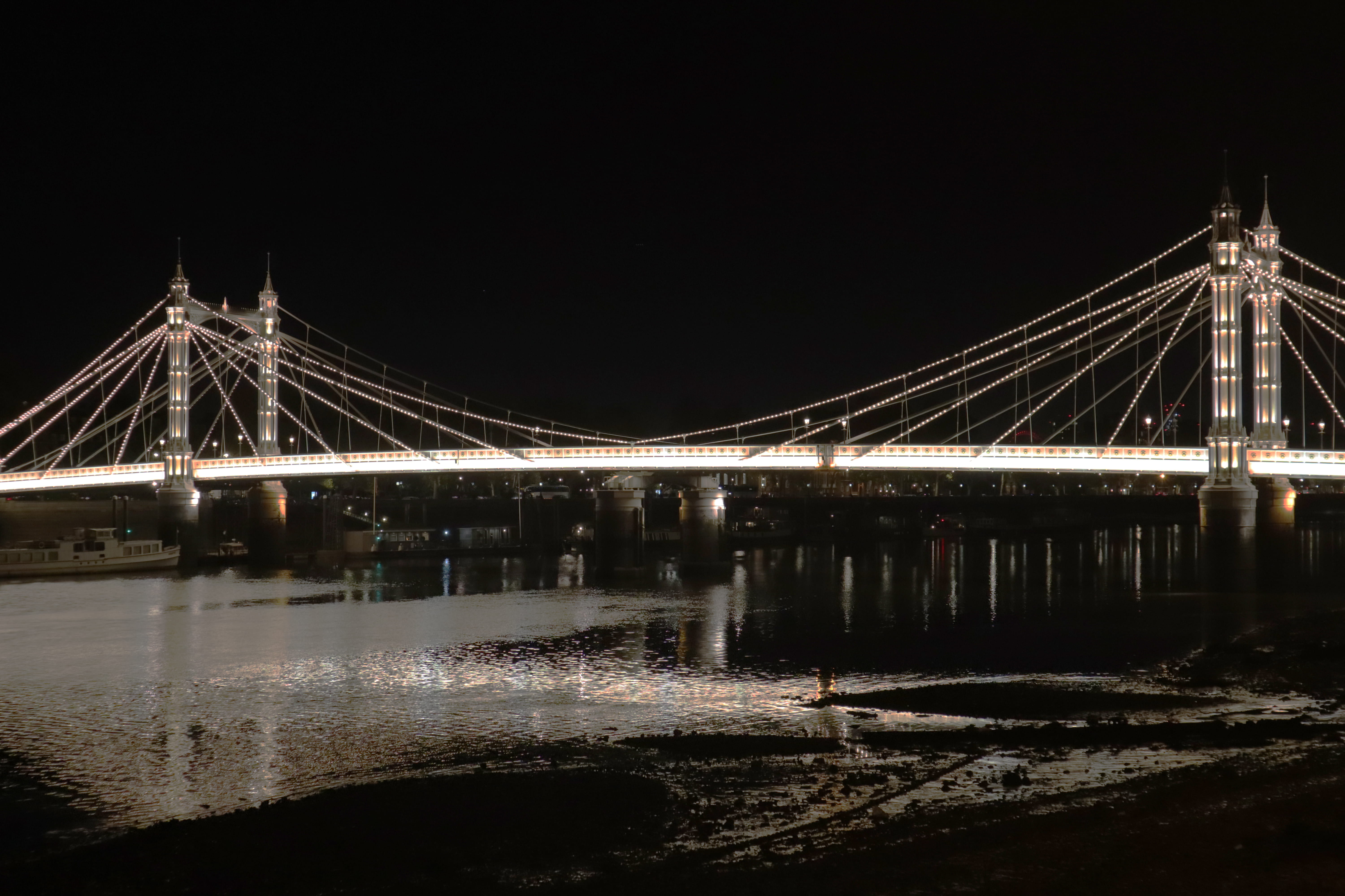 thames, albert bridge, clear sky, night, sky, illuminated, water, transportation, connection, nature, engineering, victorian, reflection, outdoors, copy space, HD Wallpaper