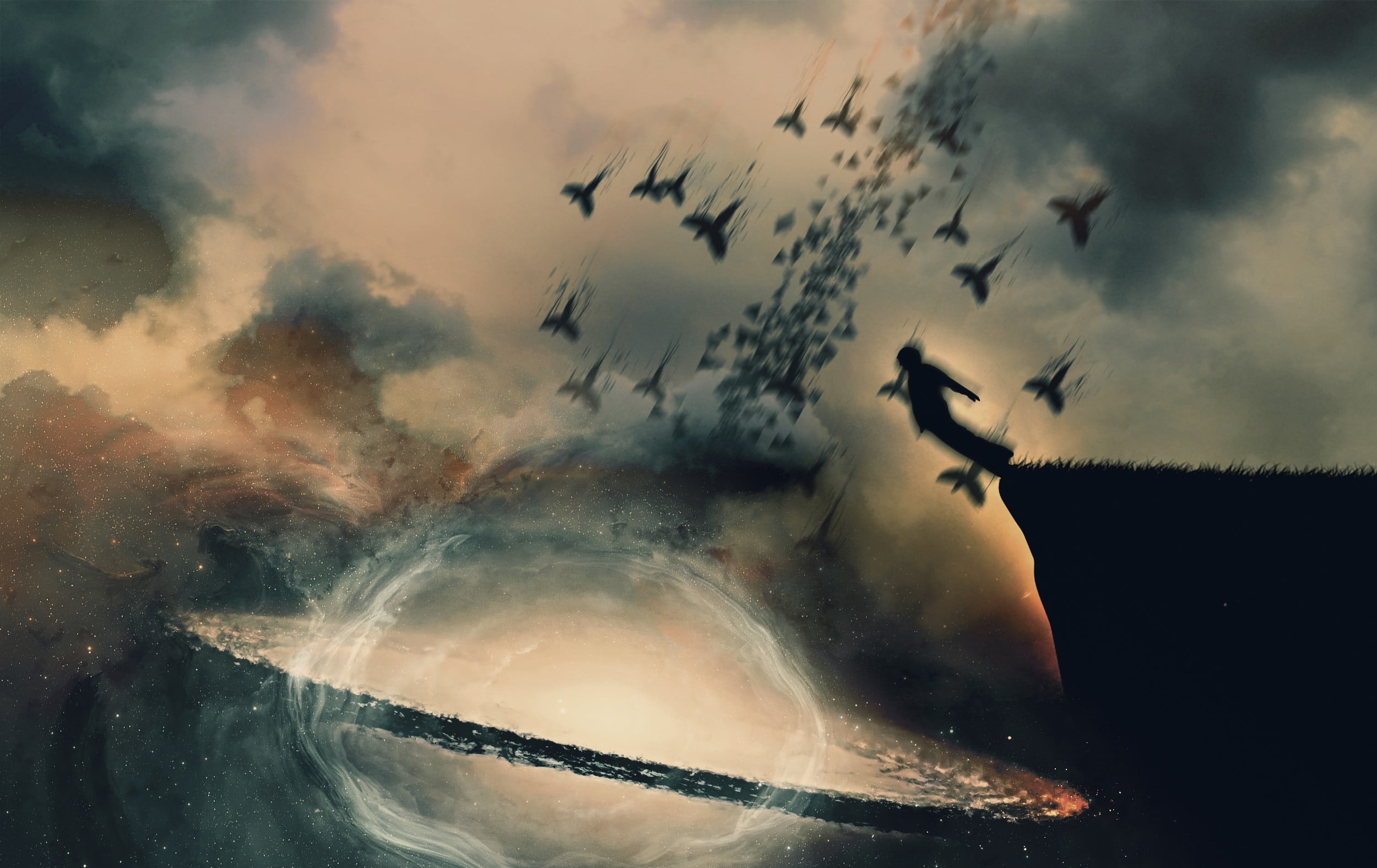 flock of birds, fish, galaxy, flying, motion, drown, digital composite, jumping, sunset, cloud - sky, sea, vertebrate, nature, screenshot, bird, group of animals, HD Wallpaper