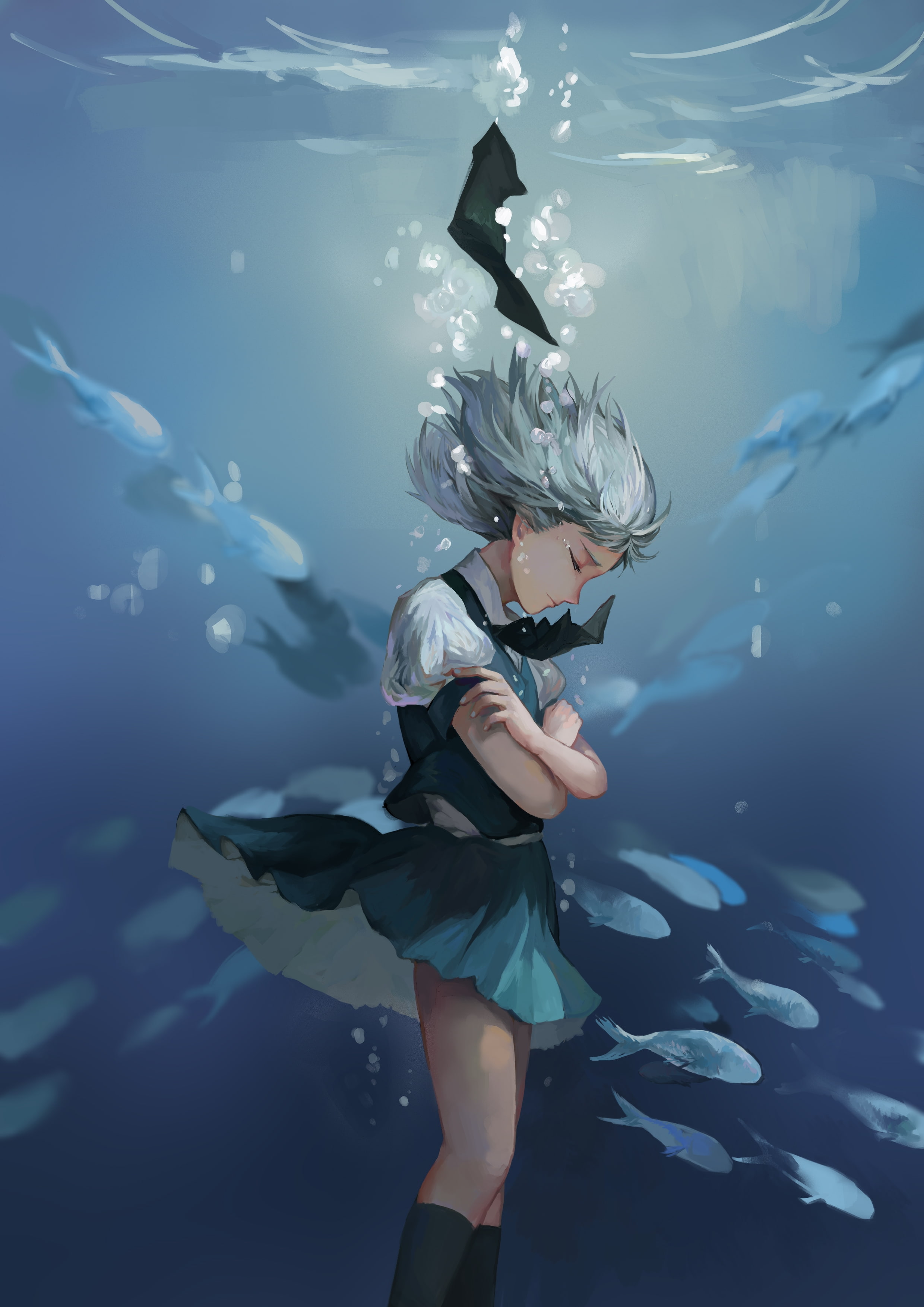 marine, holding, looking, 2K, animals in the wild, drowning, konpaku youmu, child, underwater, vertebrate, animal, one person, Anime, water, innocence, Phone HD Wallpaper