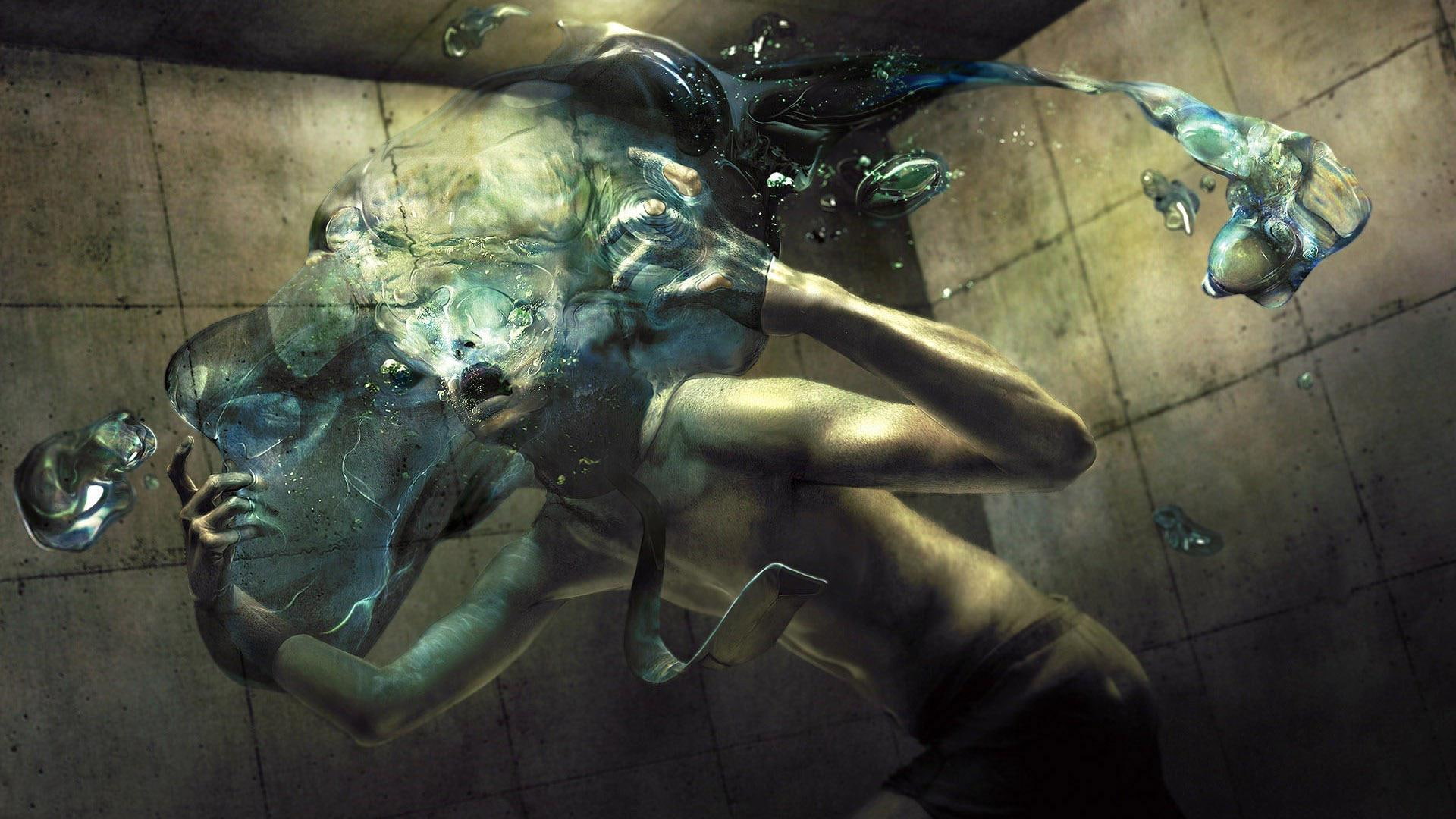 digital art, water, wall, drowning, 1080P, 1920x1080, transforming, art, person, head, HD Wallpaper