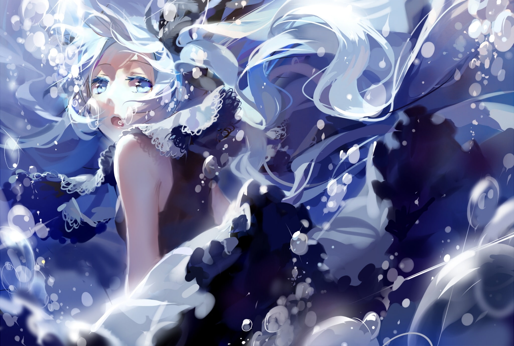 blue background, women, shiny, light - natural phenomenon, indoors, art and craft, full frame, drowning, textile, people, representation, young women, hatsune miku, HD Wallpaper