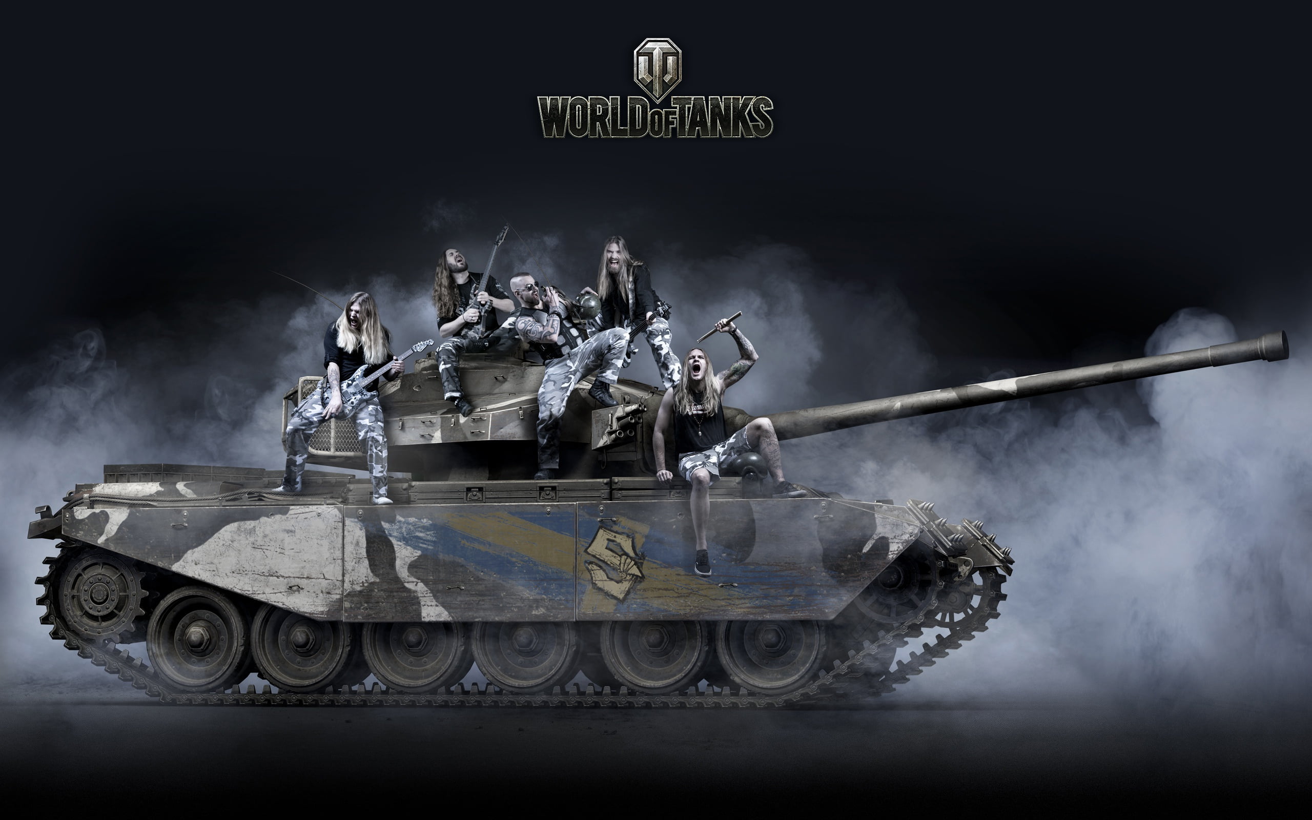 Sabaton, 2K, average, rock band, guitar, World of Tanks, camouflage, smoke, Primo Victoria, music, WOT, Swedish, tank, black background, s long 81, musicians, HD Wallpaper