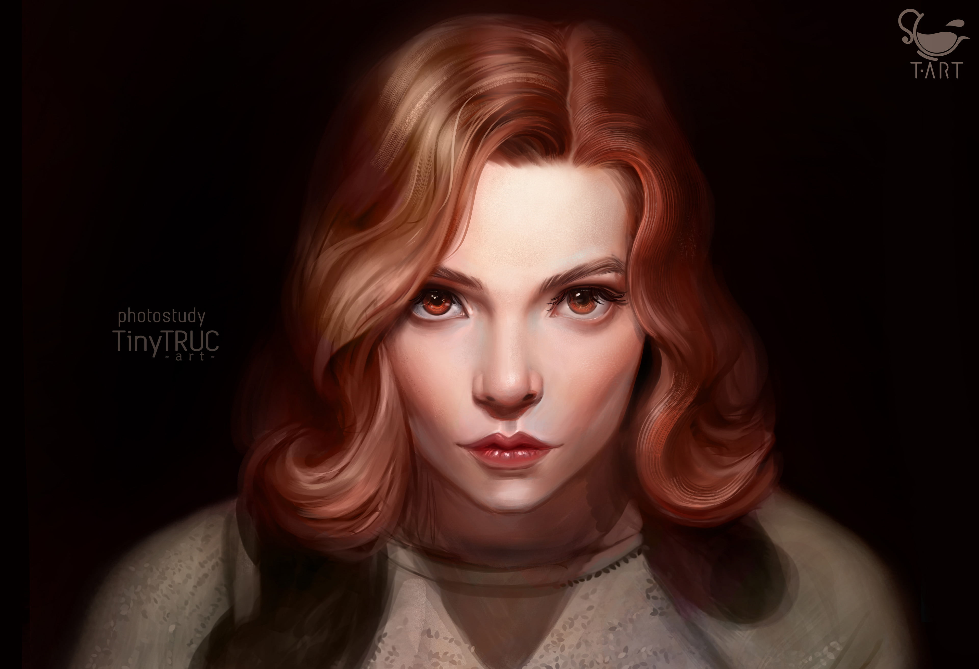 Beth Harmon, digital art, ArtStation, Anya Taylor-Joy, black background, frontal view, The Queens Gambit, portrait, fan art, face, looking at viewer, digital painting, HD Wallpaper