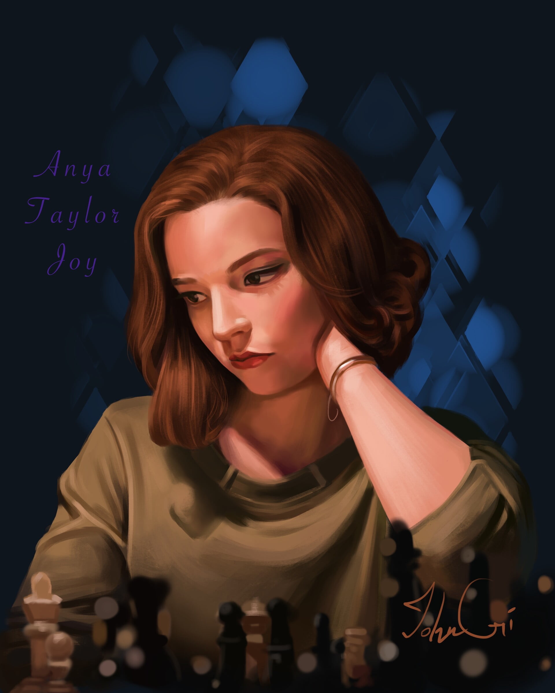 digital art, John Gyi, artwork, fan art, portrait display, ArtStation, Beth Harmon, 1080P, chess, digital painting, young woman, women, Anya Taylor-Joy, Phone HD Wallpaper