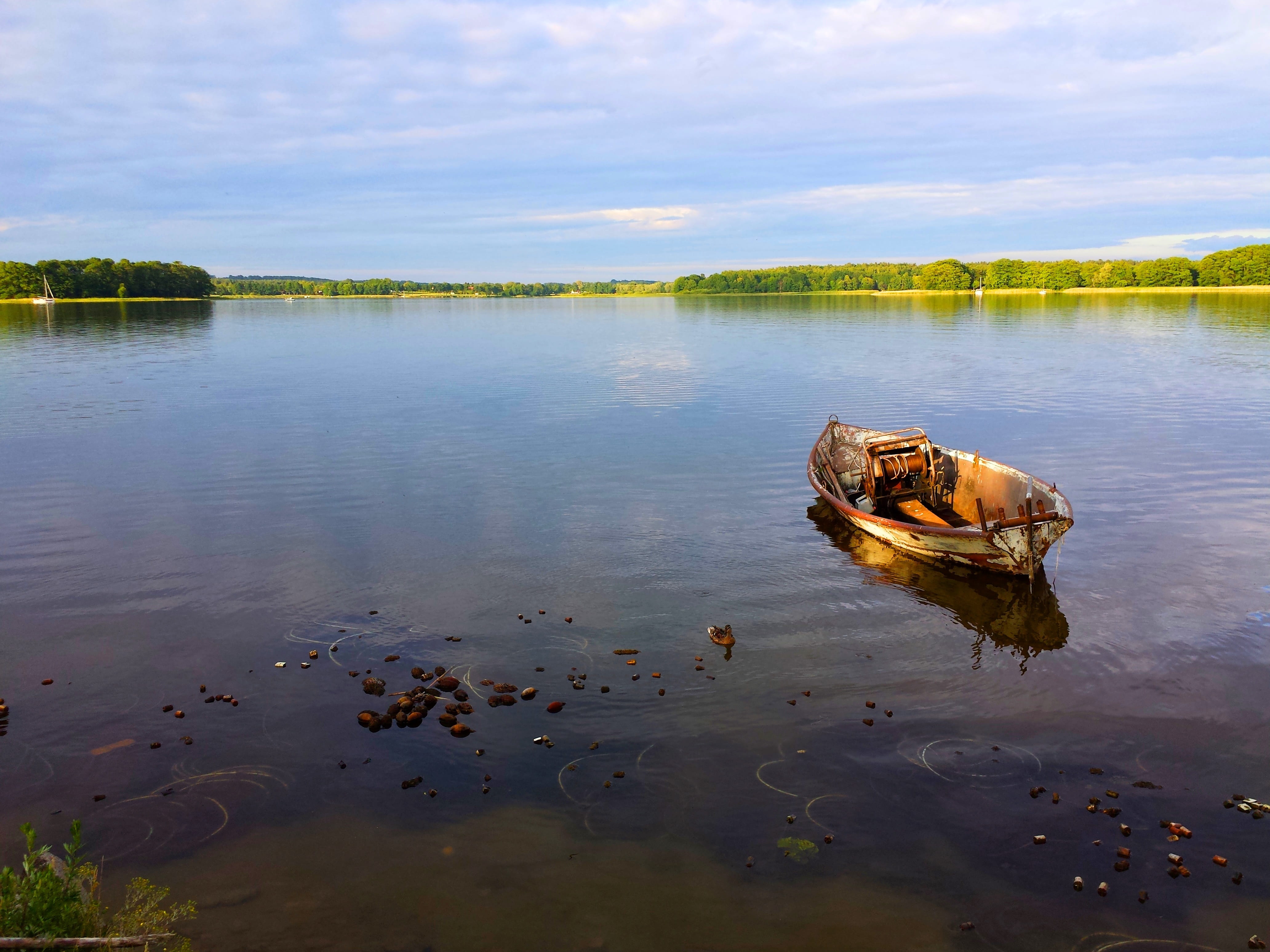 the silence, beauty in nature, mood, space, sky, plant, the sun, siemiany, 4K, boat, transportation, one animal, Fishing, scenics - nature, nautical vessel, HD Wallpaper