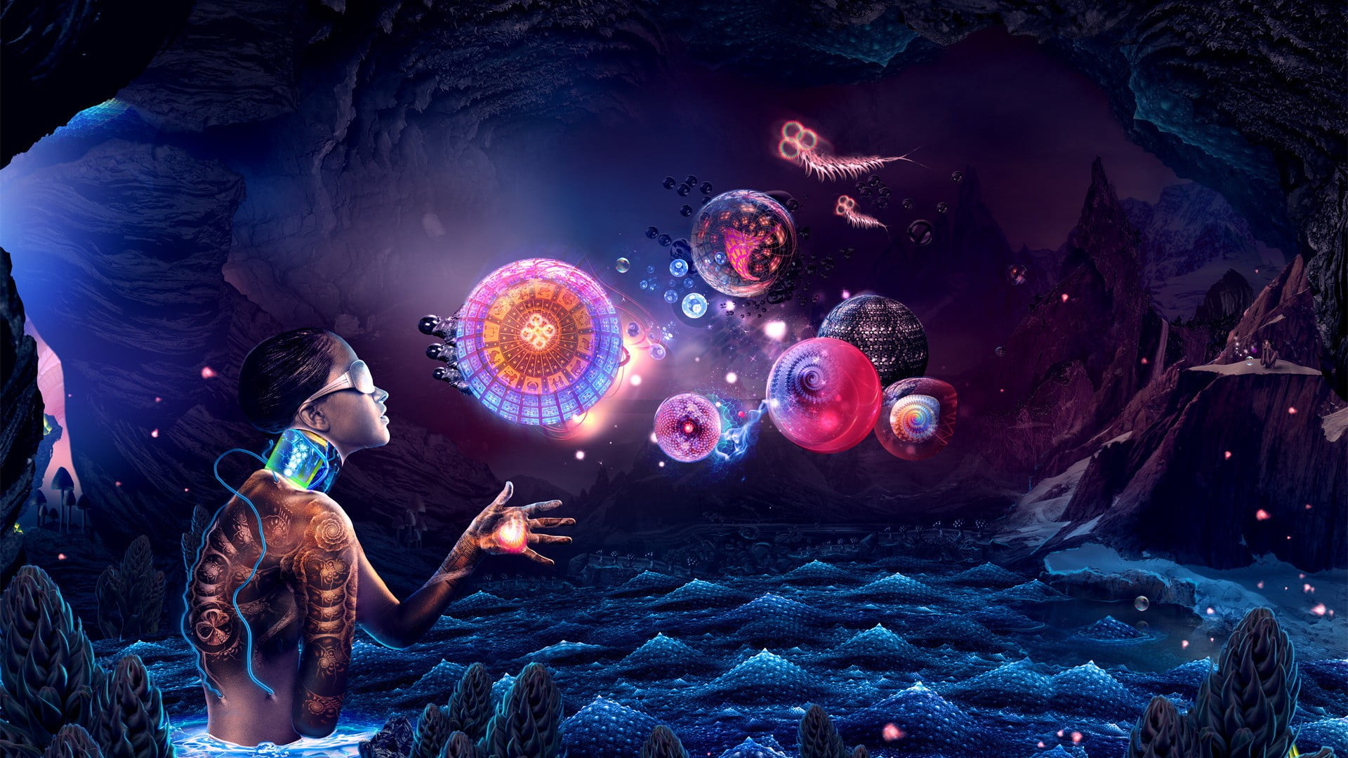 women, androids, group of animals, glowing, abstract, cave, animal wildlife, animals in the wild, undersea, digital art, sea, one person, marine, hands, HD Wallpaper