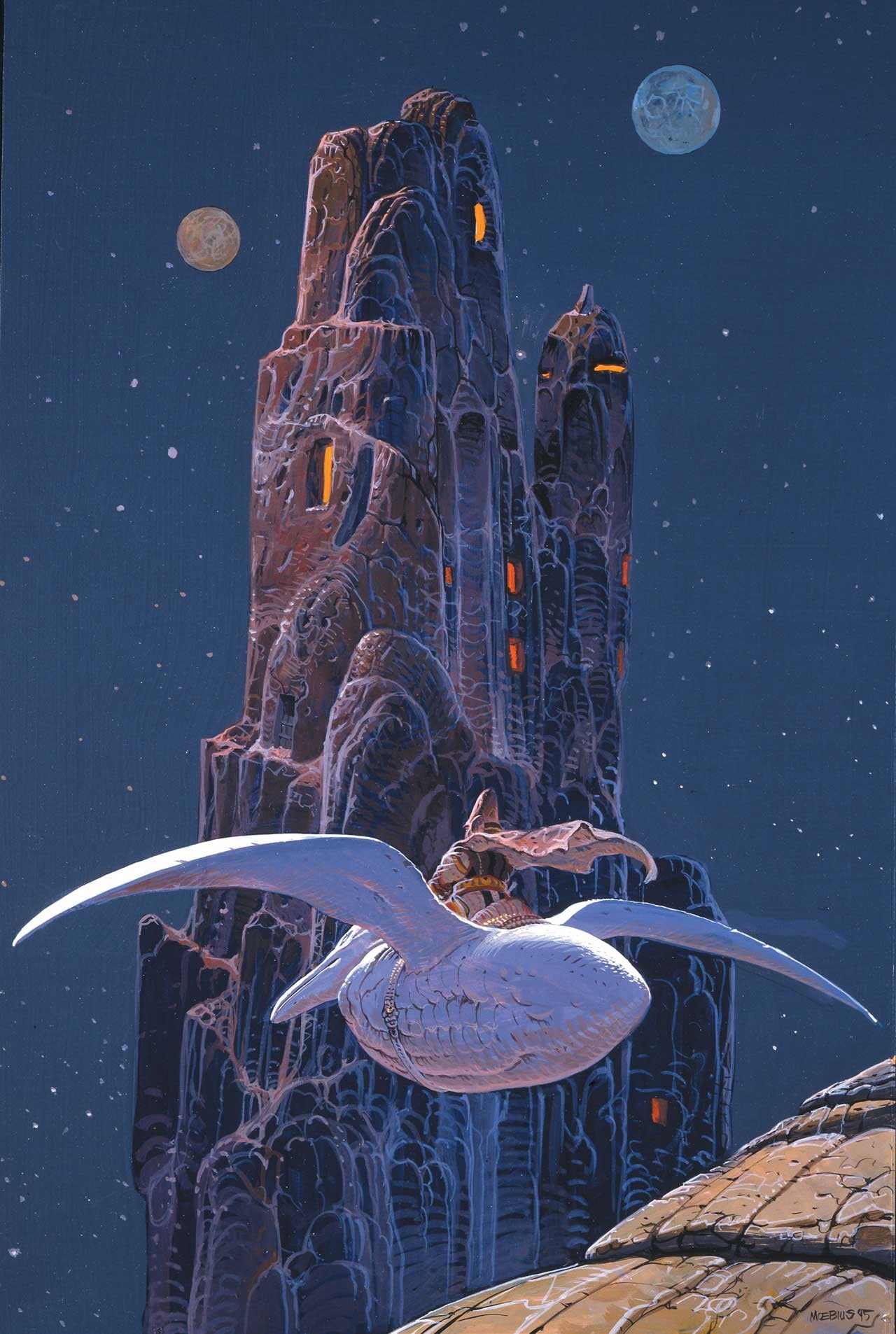 fantasy art, portrait display, men, nature, stars, mountains, Moon, arzach, pelicans, 720P, psychedelic, Mœbius, birds, Jean Giraud, rock, digital art, Phone HD Wallpaper