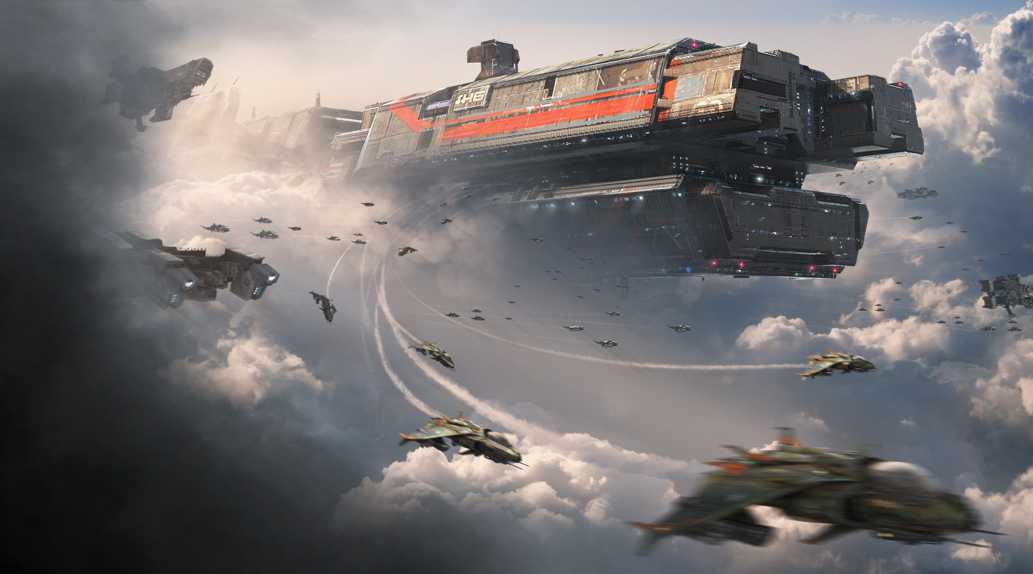 digital art, futuristic, Titanfall, aircraft, spaceship, lights, motherships, science fiction, clouds, space, flying, 2K, sky, technology, video games, HD Wallpaper