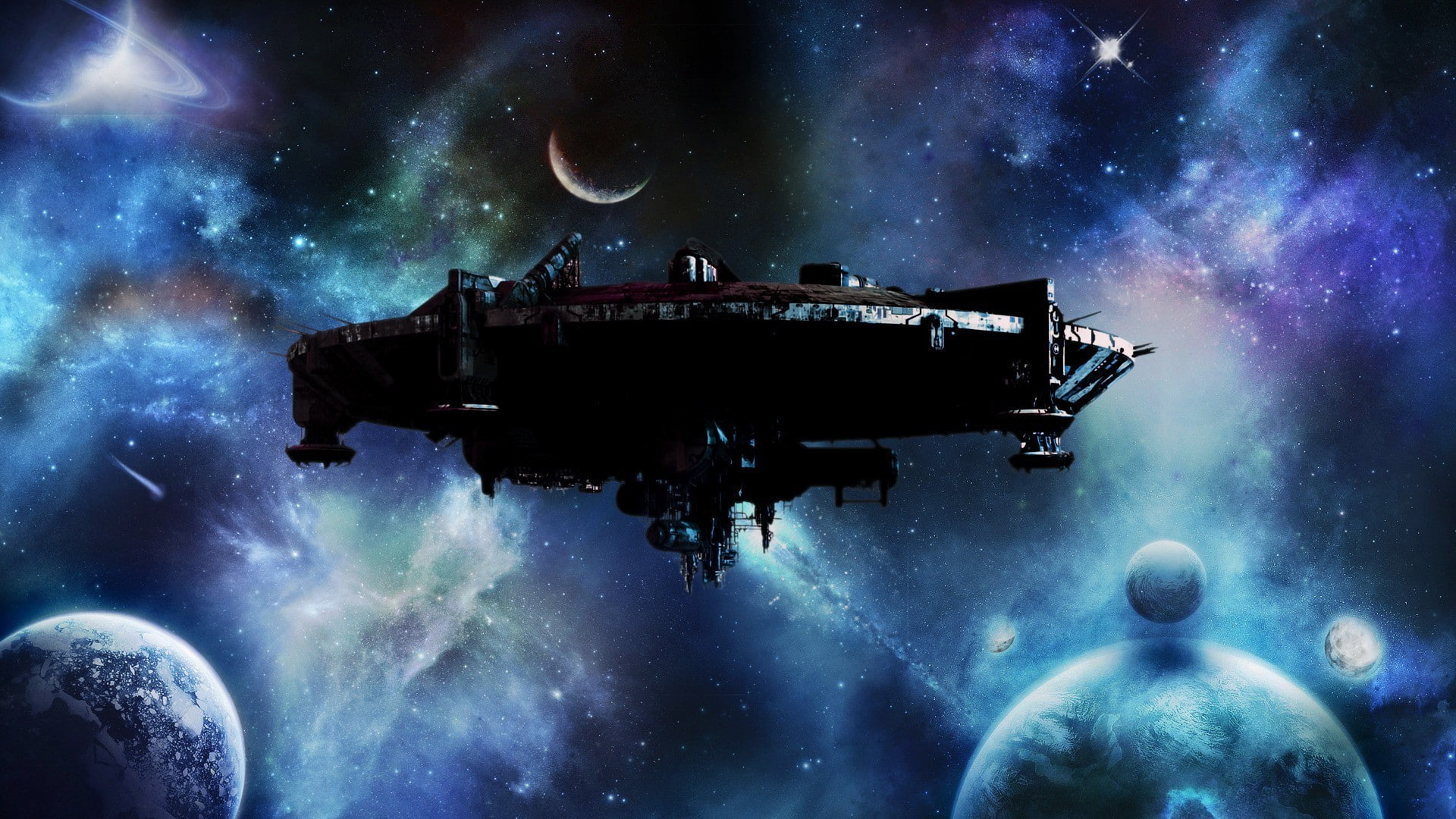 ufo ufos space motherships planet blue, 1080P, HD Wallpaper