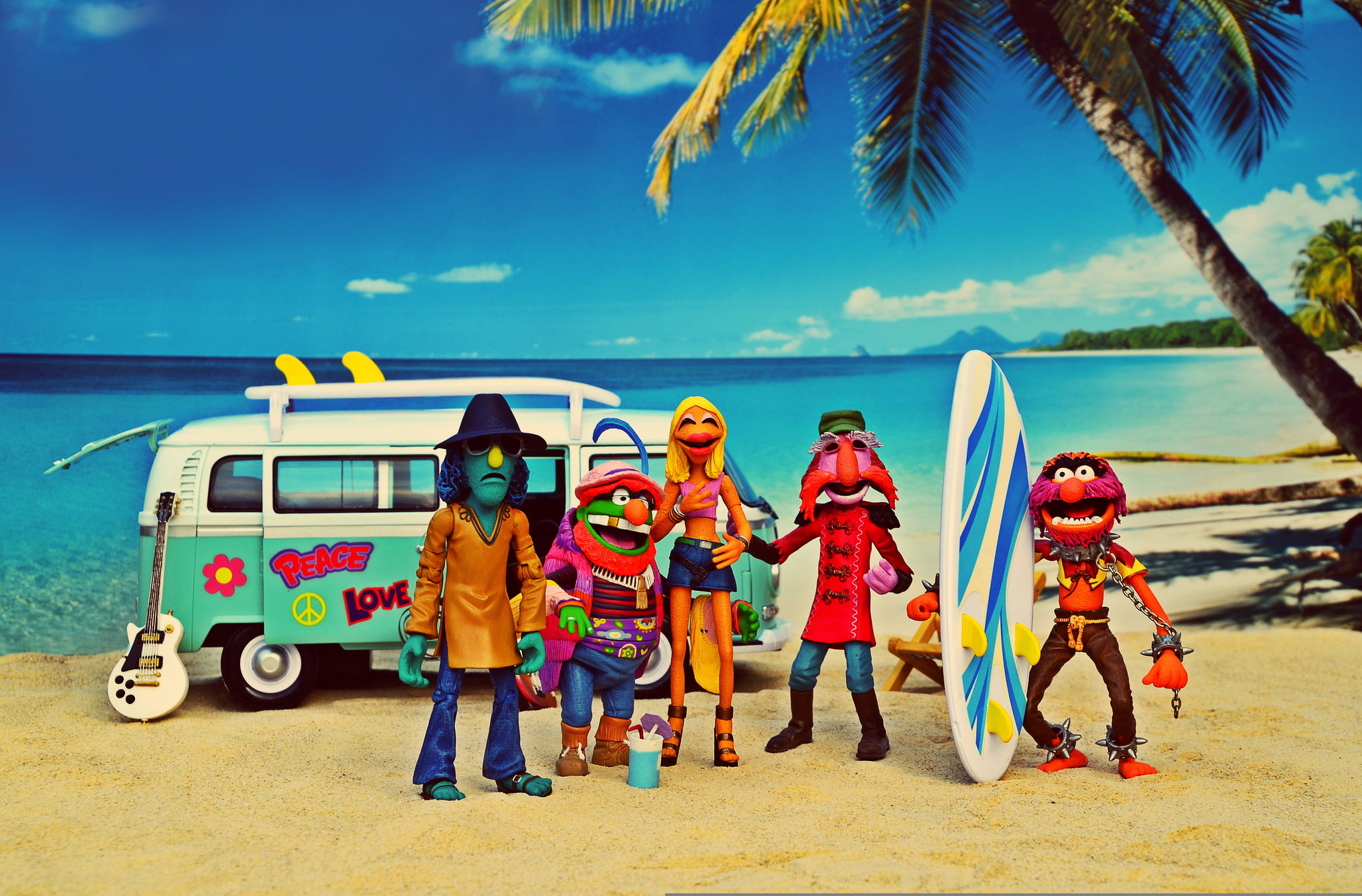 Zoot, sea, the sky, surfboards, solar, 1080P, the coconut palm, beach, summer, Animal, Sgt Floyd Pepper, Dr. Teeth, Janice, The Muppet Show, Volkswagen Transporter, HD Wallpaper