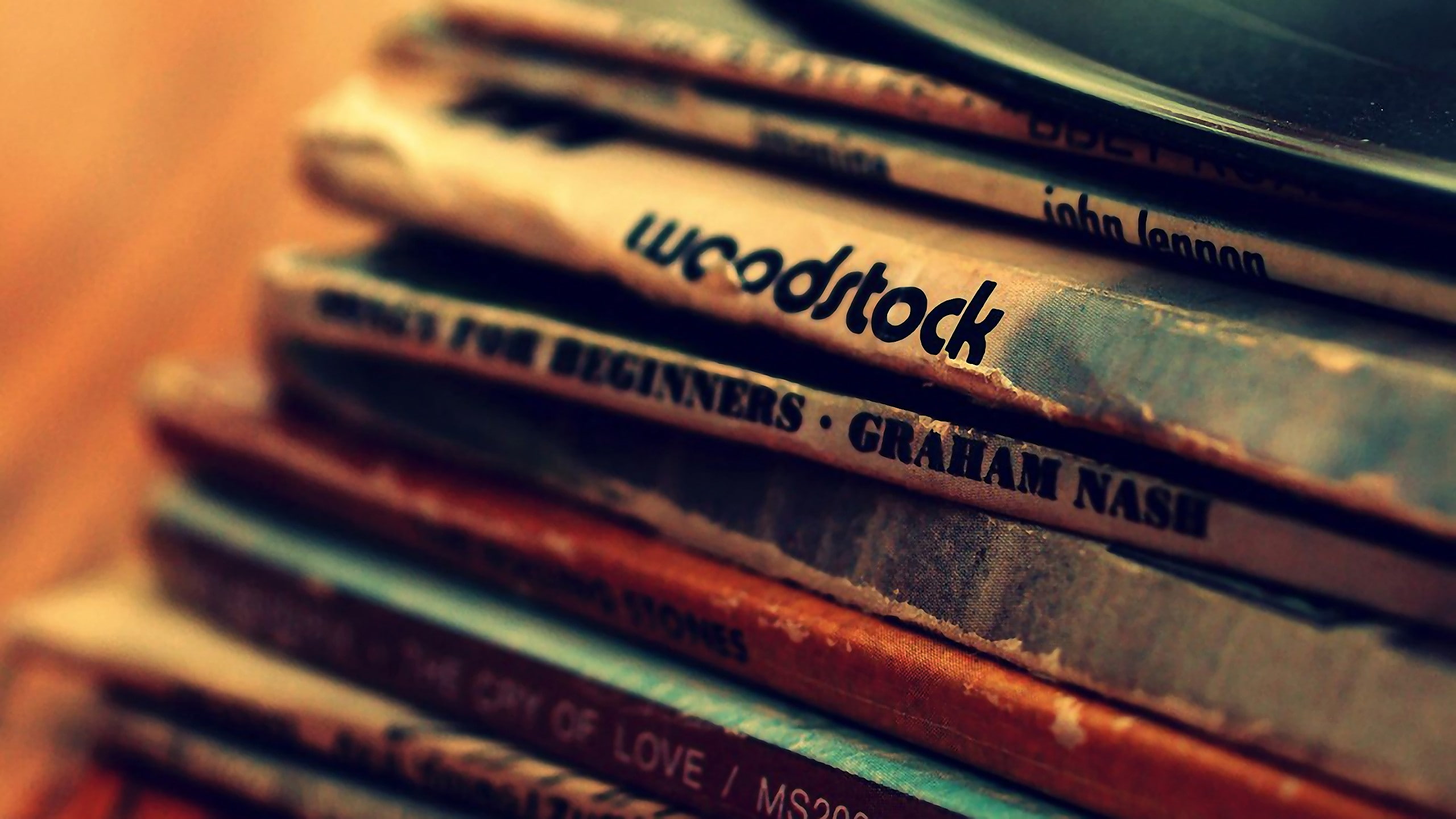 education, in a row, vinyl, music, Woodstock, western script, text, book, album covers, 2K, large group of objects, John Lennon, old, the past, selective focus, HD Wallpaper