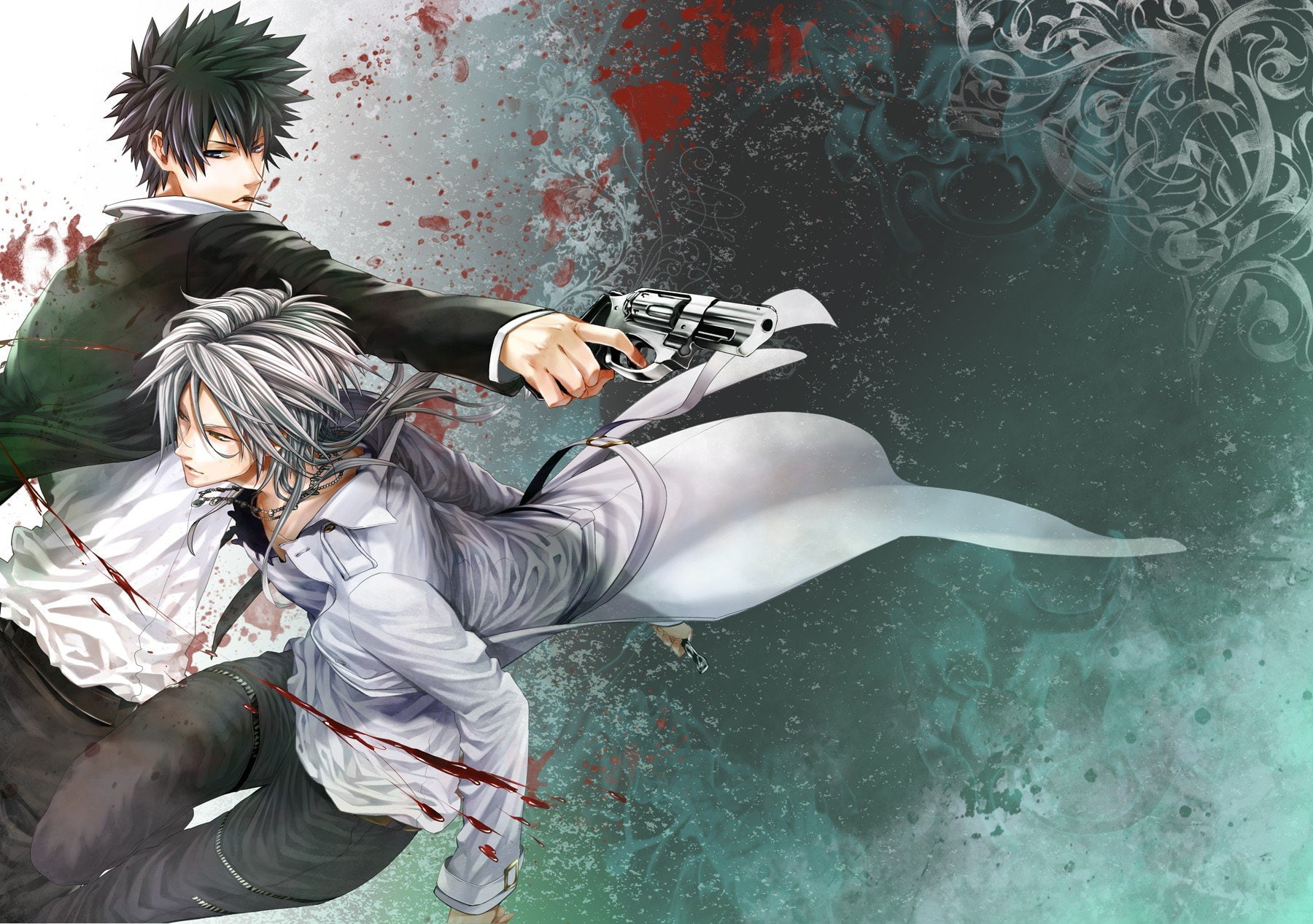 razor, weapons, kougami, anime, smoking, guns, suit, 720P, shougo, eyes, tie, boys, pants, revolvers, blue, short, hair, coat, black, yellow, long, blood, HD Wallpaper