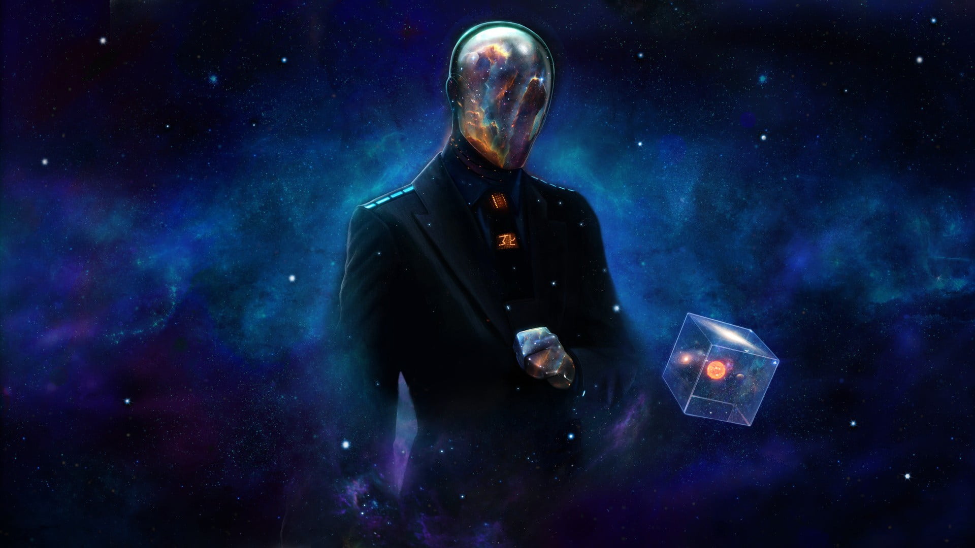 one person, black, galaxy, robot, waist up, night, adult, jacket, star - space, technology, space exploration, man, digital art, young adult, HD Wallpaper