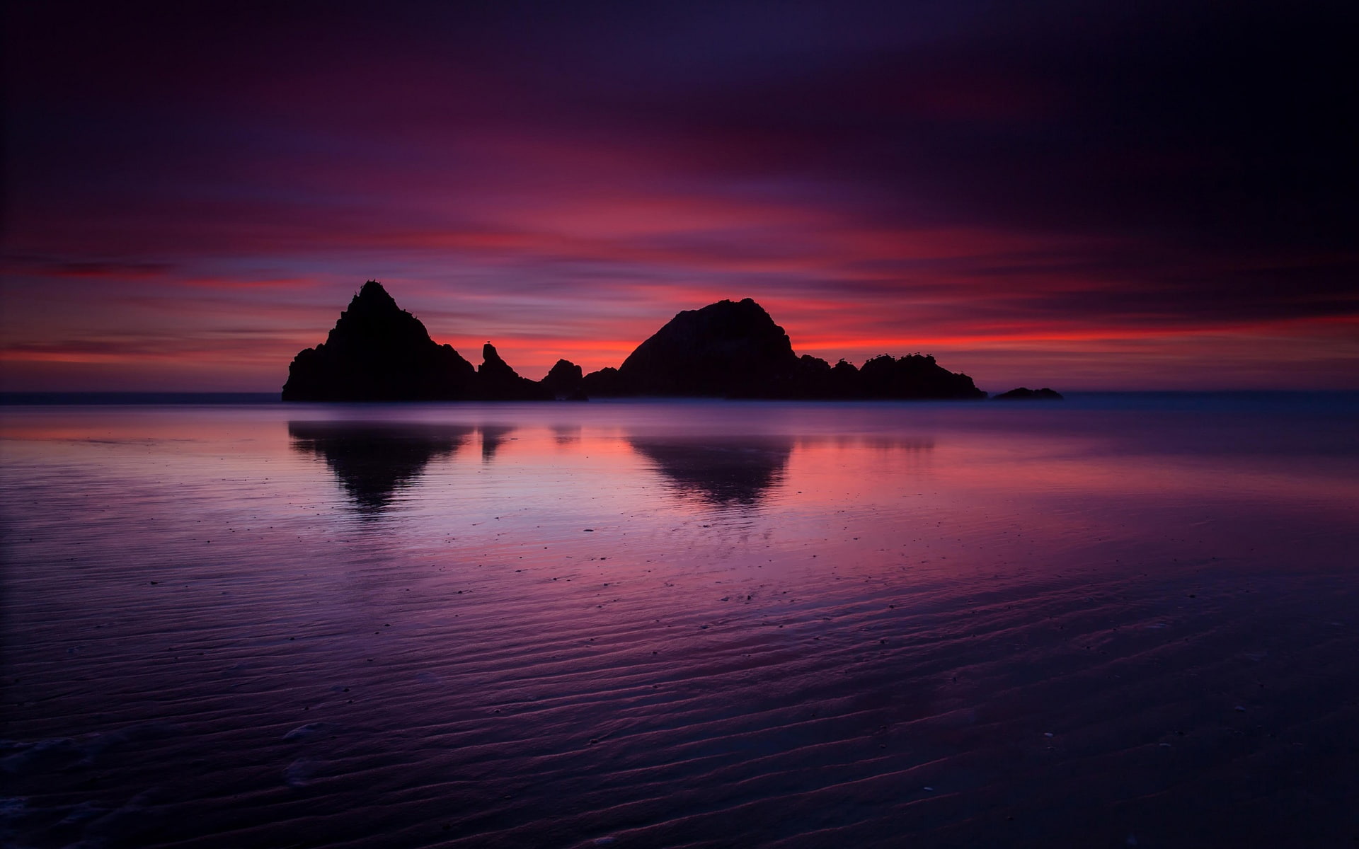Mountains, USA, 1080P, Crimson, Sunset, Beach, Ocean, Twilight, California, Rock, Evening, HD Wallpaper