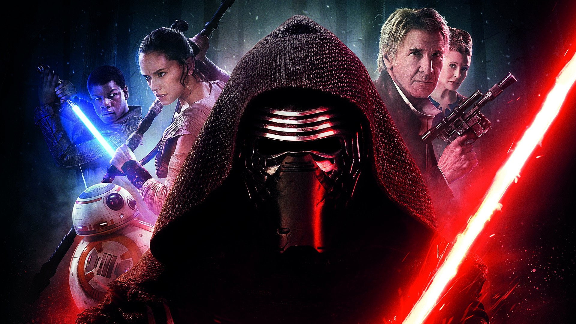 Rey (Star Wars), Kylo Ren, Star Wars Episode VII: The Force Awakens, Finn (Star Wars), 1080P, John Boyega, Daisy Ridley, Harrison Ford, BB-8, Han Solo, HD Wallpaper