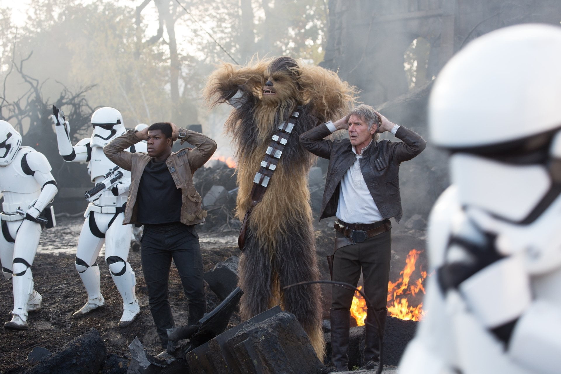 outdoors, people, adult, men, representation, mature adult, Chewbacca, Harrison Ford, mammal, obscured face, 1080P, holding, Han Solo, Star Wars Episode VII: The Force Awakens, HD Wallpaper