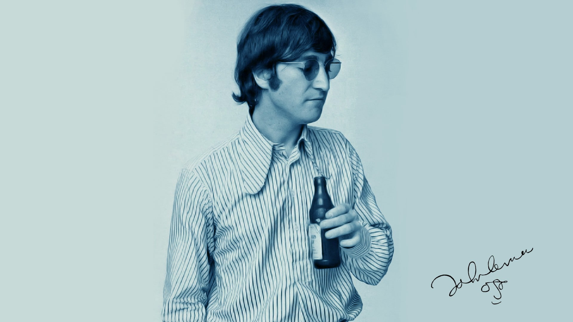waist up, hair, front view, button down shirt, young adult, studio shot, looking down, copy space, contemplation, portrait, musician, John Lennon, indoors, HD Wallpaper
