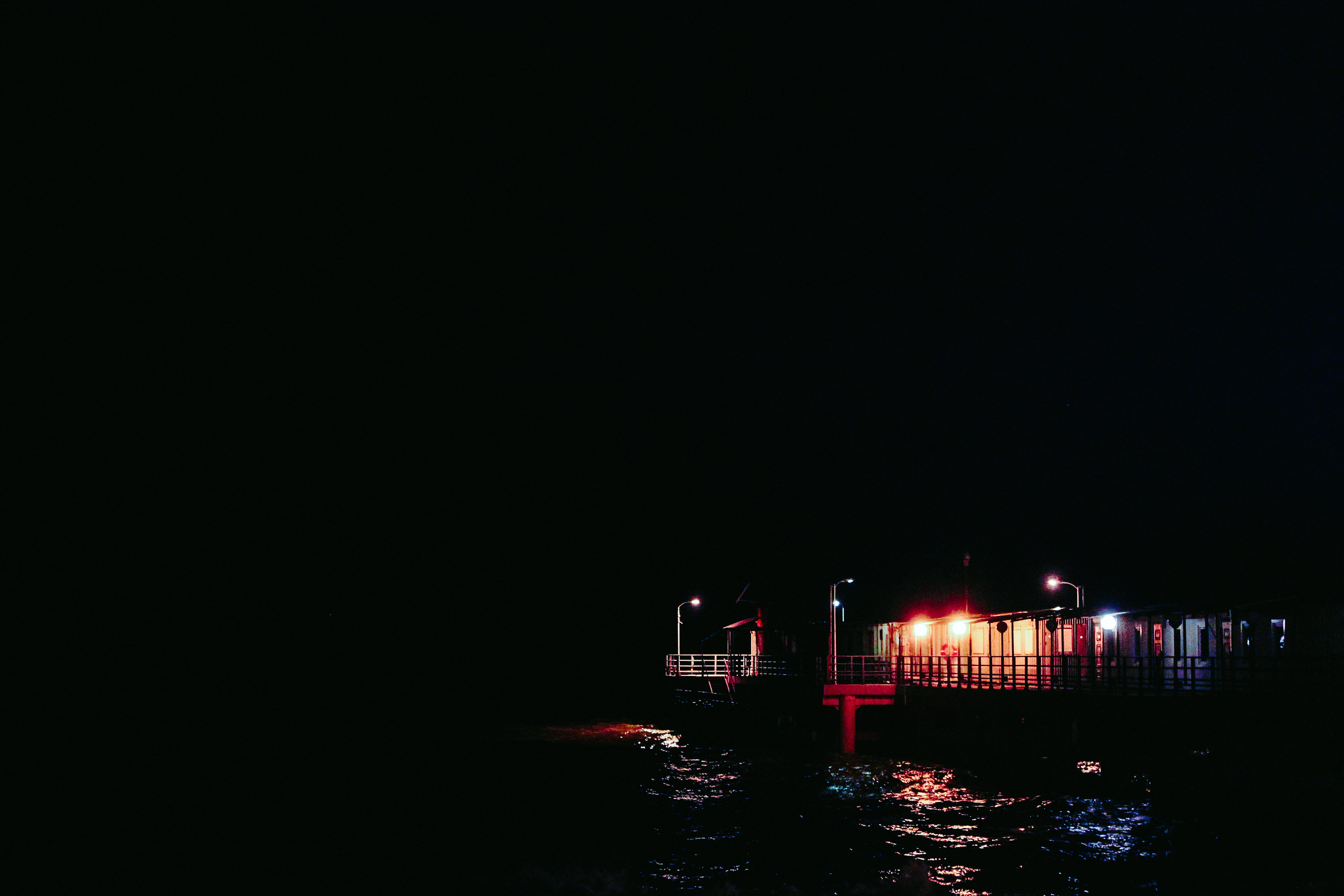 russia, architecture, night, outdoors, red, dock, sky, posts, adler, building, nature, black sea, sochi, lighting equipment, 5K, pier, waterfront, sea, HD Wallpaper