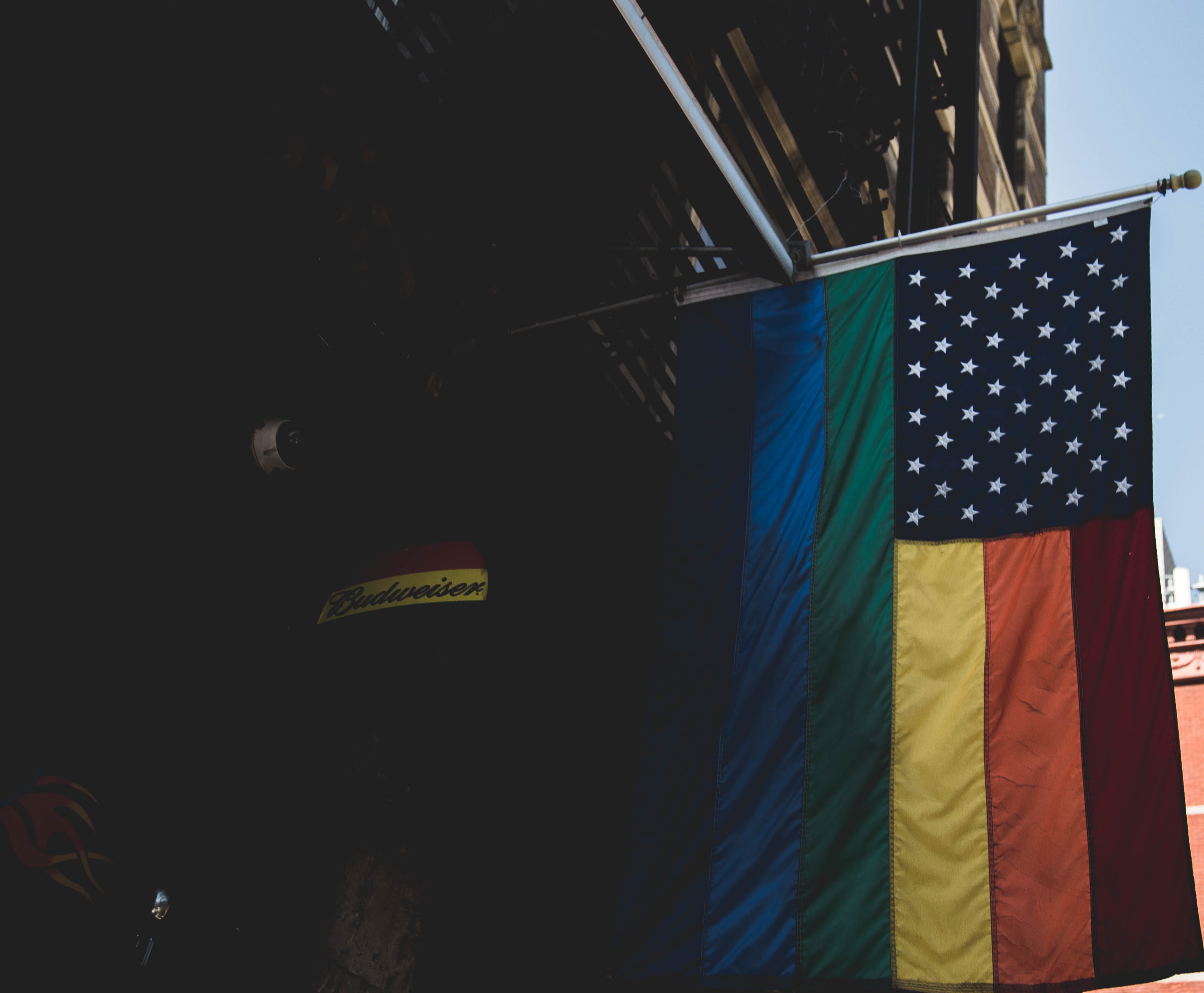 flag, multicolored, administration, lgbtq flag, symbol, no people, colorful, architecture, outdoors, pride, low angle view, sky, wind, lgbtq, bulding, 2K, HD Wallpaper