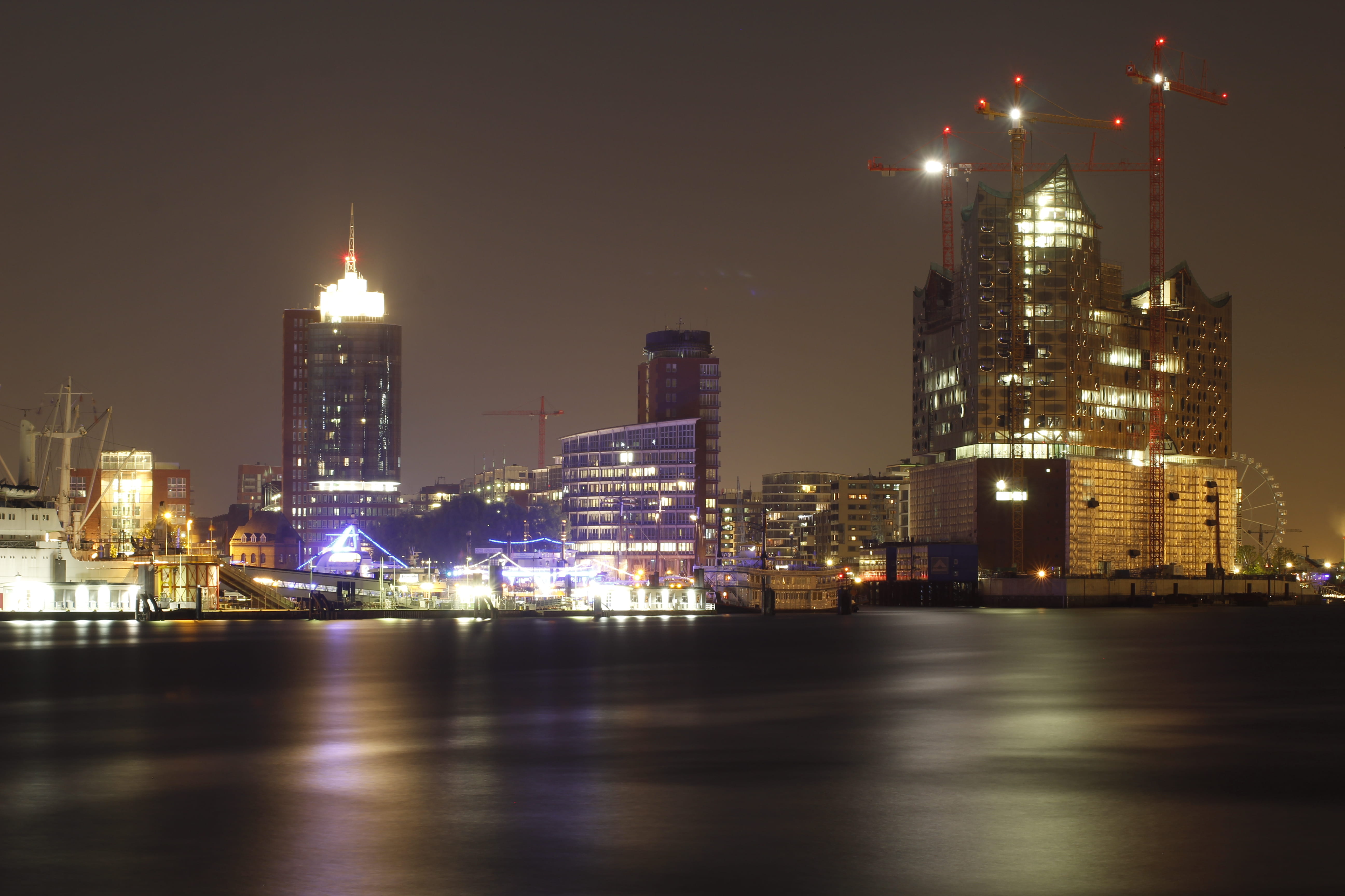 building exterior, building, tall - high, tower, city, built structure, germany, office building exterior, elbe, modern, illuminated, night, town, cityscape, HD Wallpaper