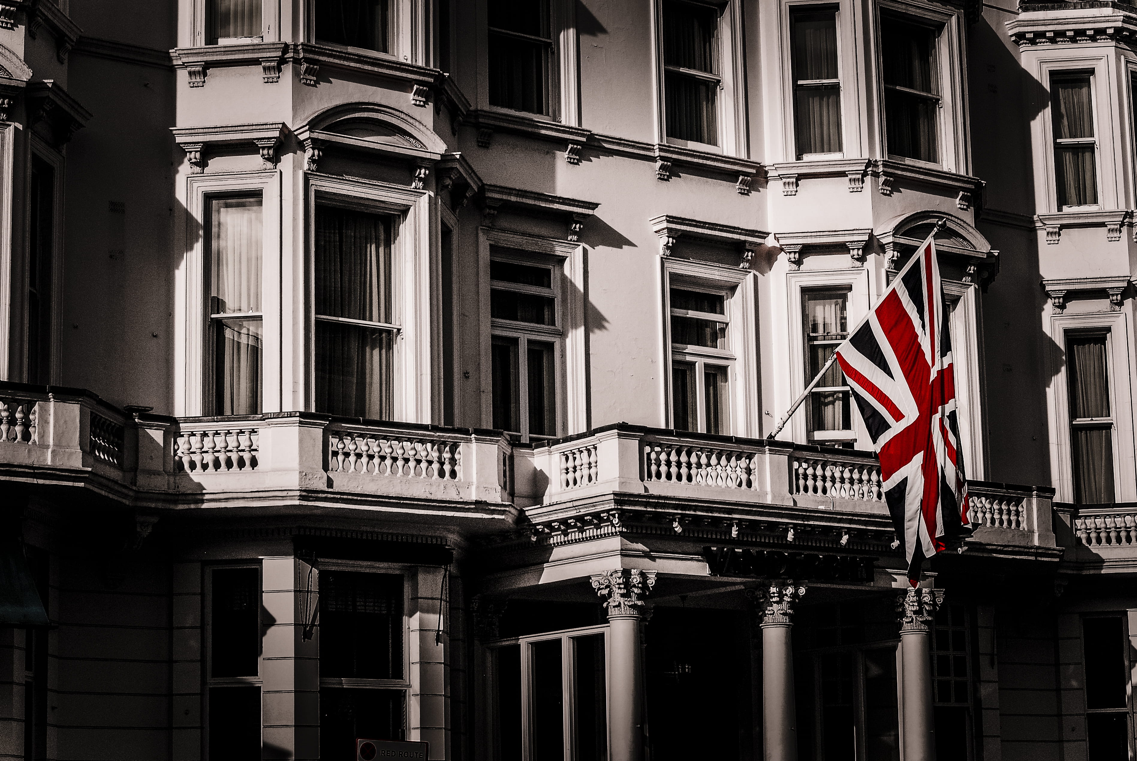 western script, national icon, window, union jack, no people, day, uk, architecture, built structure, residential district, building, red, text, independence, HD Wallpaper