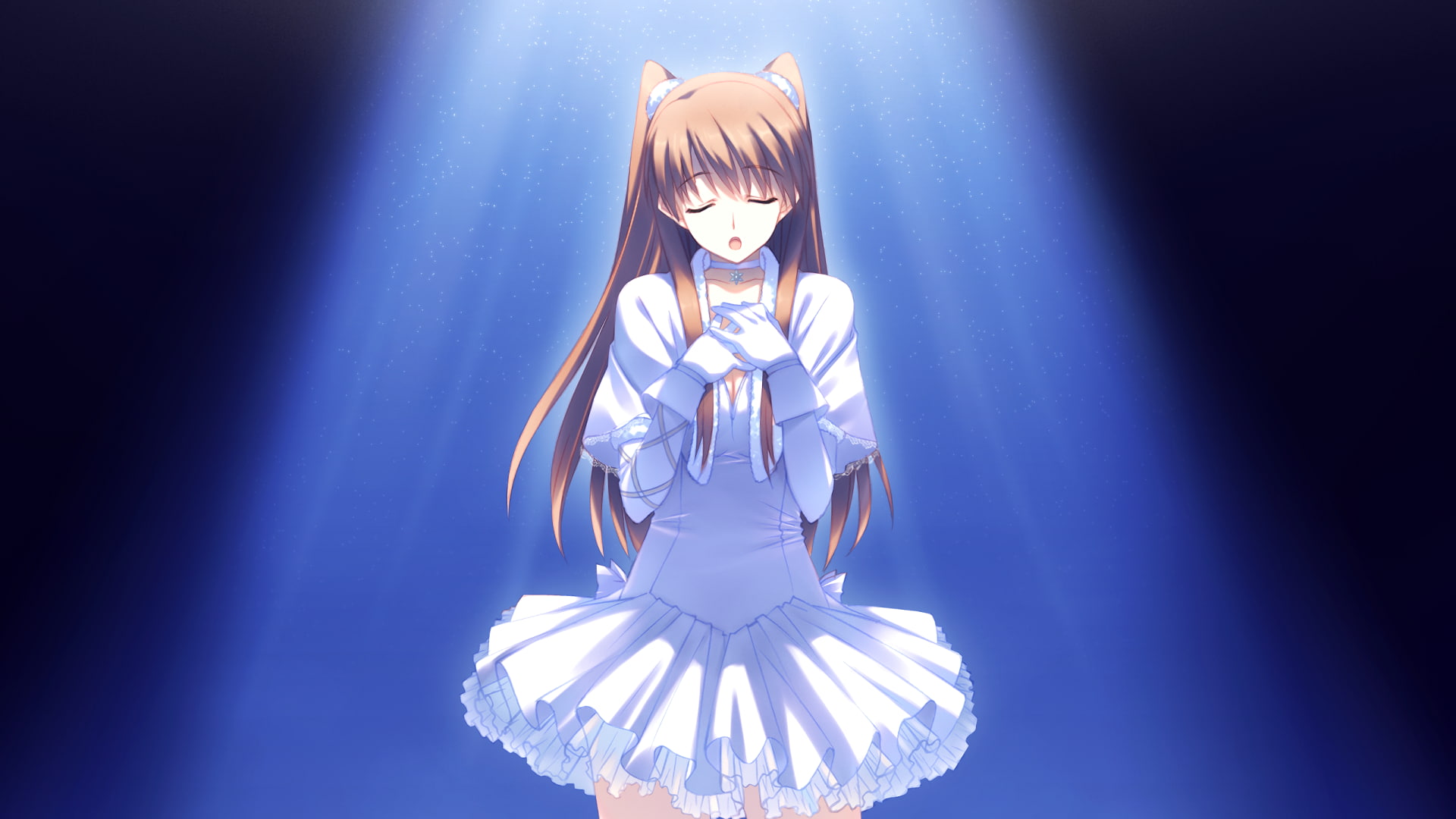 Anime, visual novel, human representation, 1080P, blue, indoors, ogiso setsuna, beautiful woman, performance, colored background, illuminated, glowing, HD Wallpaper