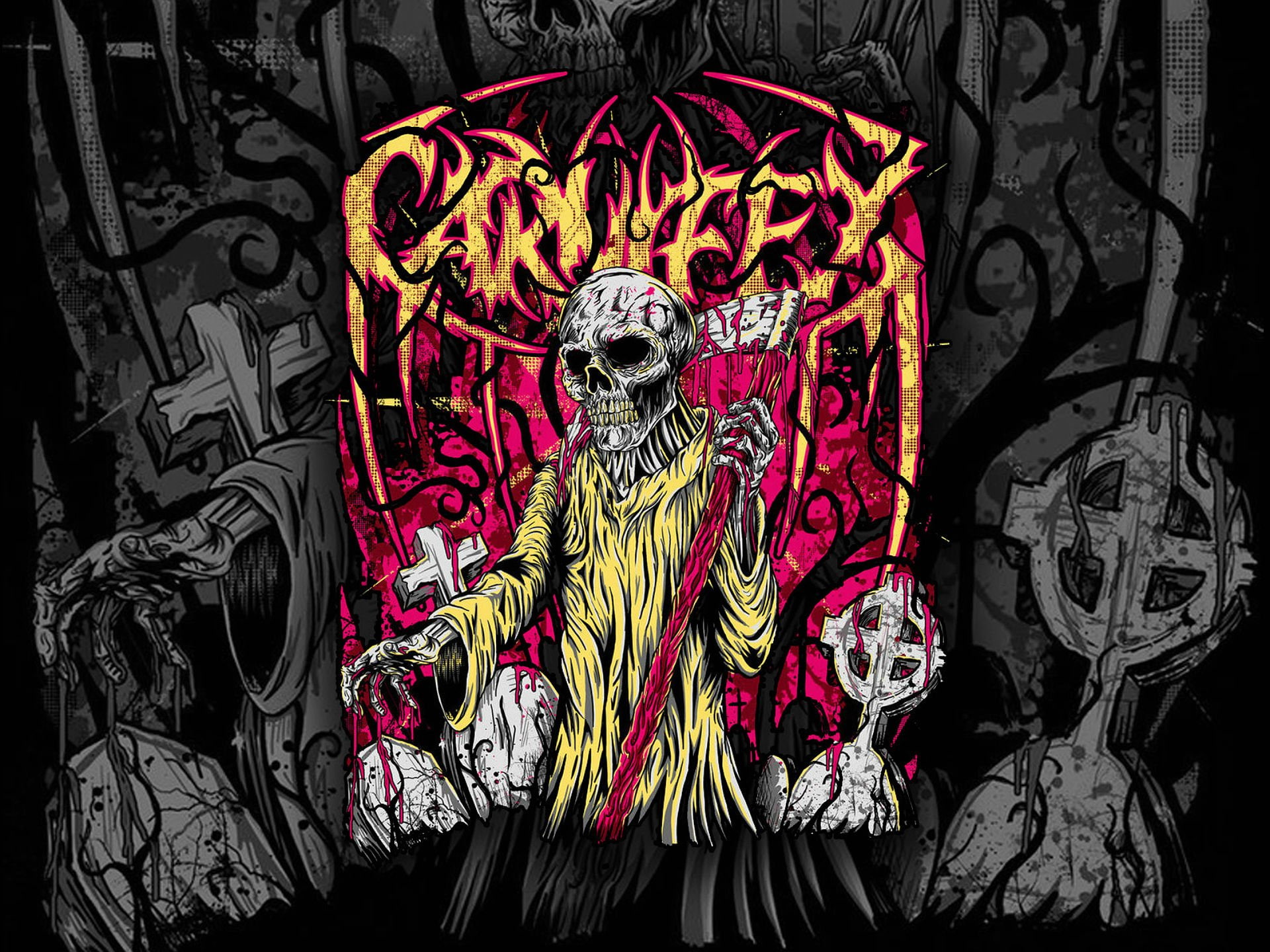 human skeleton, Carnifex, Metal, graffiti, death, close-up, day, representation, creativity, 1080P, craft, red, pattern, reaper, architecture, Deathcore, HD Wallpaper