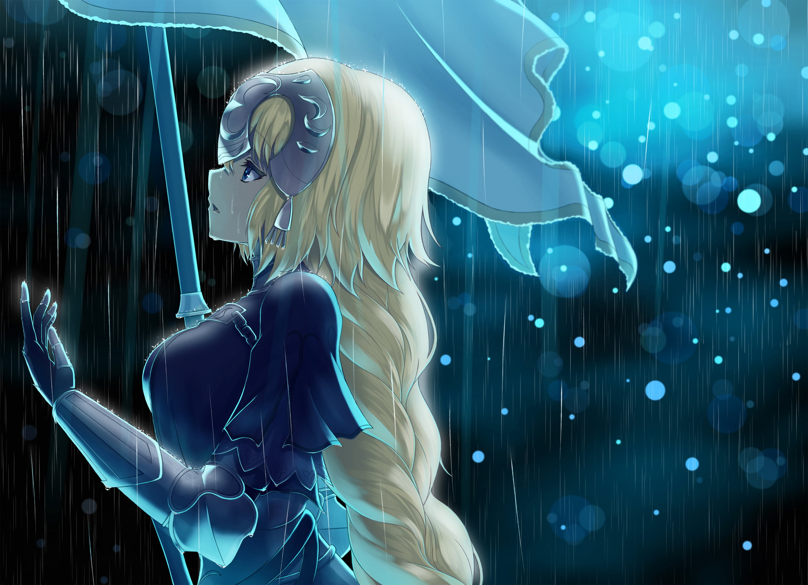 blond hair, adult, real people, rain, anime, digital composite, Ruler (Fate/Apocrypha), illuminated, one person, 2K, side view, three quarter length, holding, HD Wallpaper