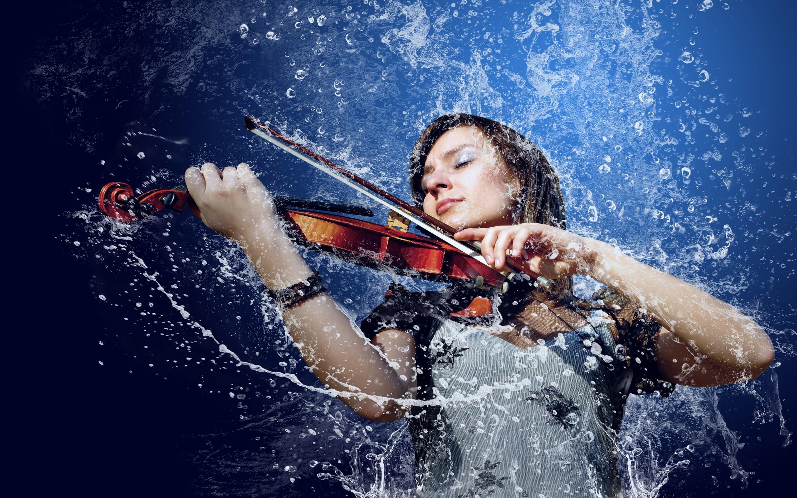 girls, 2K, music, rain, 3d and abstract, violin, HD Wallpaper