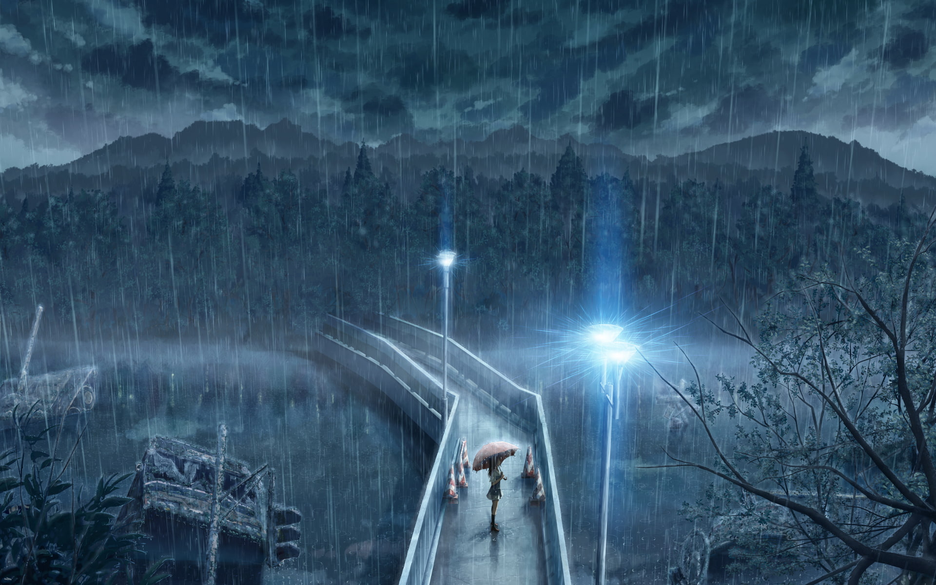 rain, anime, 1080P, cartoon/comic, umbrella, hd, HD Wallpaper