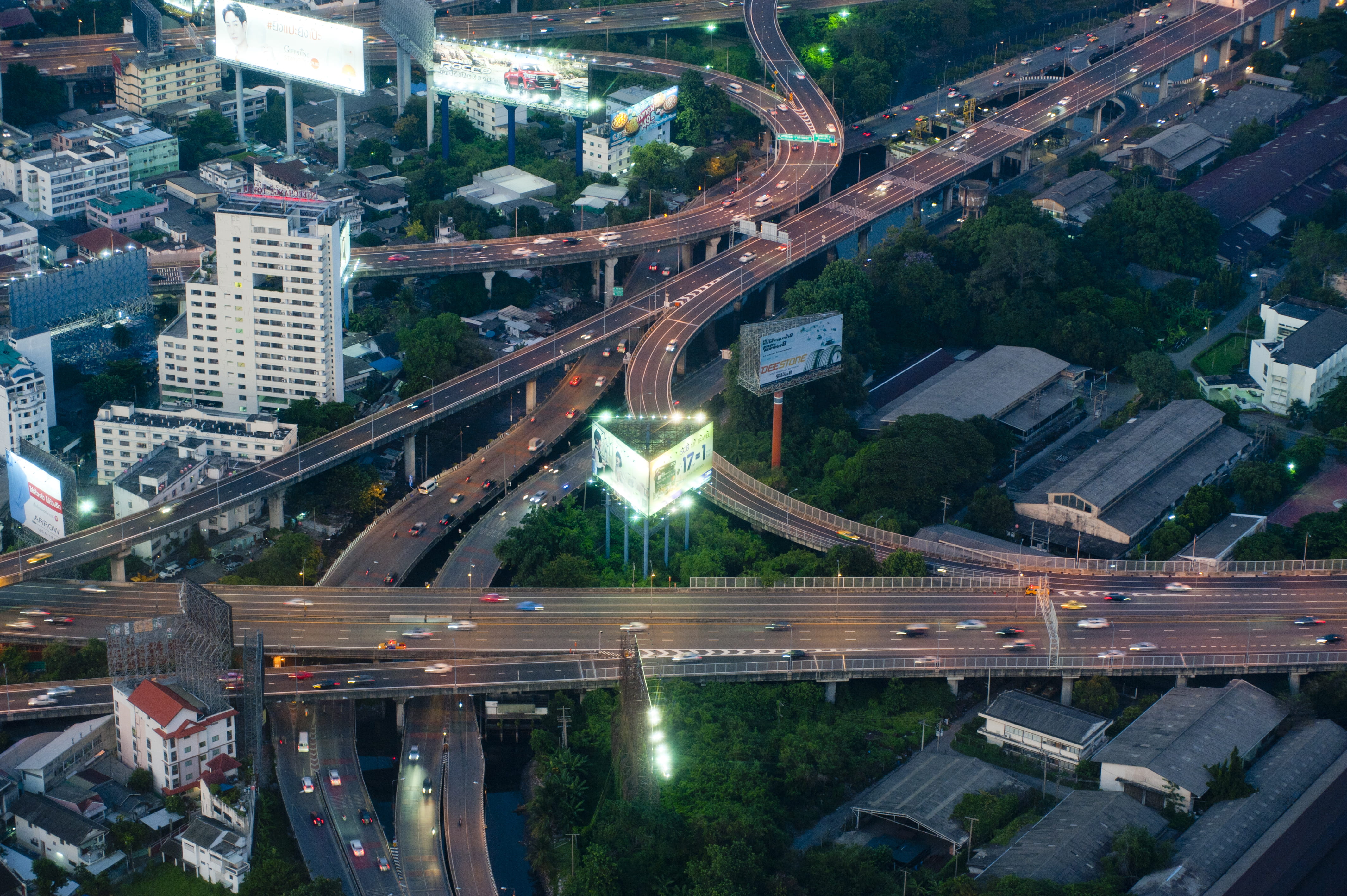 downtown, overpass, evening, traffic, mode of transportation, city, bridge, building exterior, no people, Bangkok, car, transportation, elevated road, building, HD Wallpaper