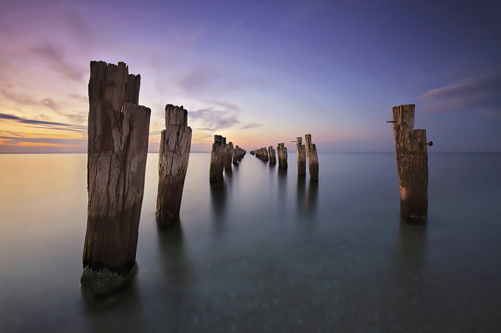 sea, beach, springs, post, 480P, sky, Melbourne, Colour, Hitech, Long Exposure, nature, wooden, Color, Clifton Springs, Sunset, Poles, Waterscape, brown, HD Wallpaper