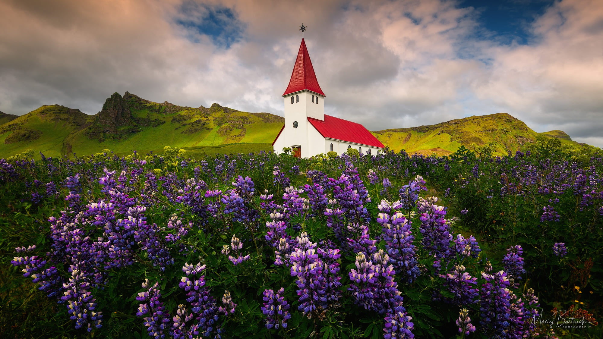 1080P, lupins, clouds, nature, Vic, Norway, landscape, village, mountains, flowers, Eugene Bartnicki, Church, field, HD Wallpaper