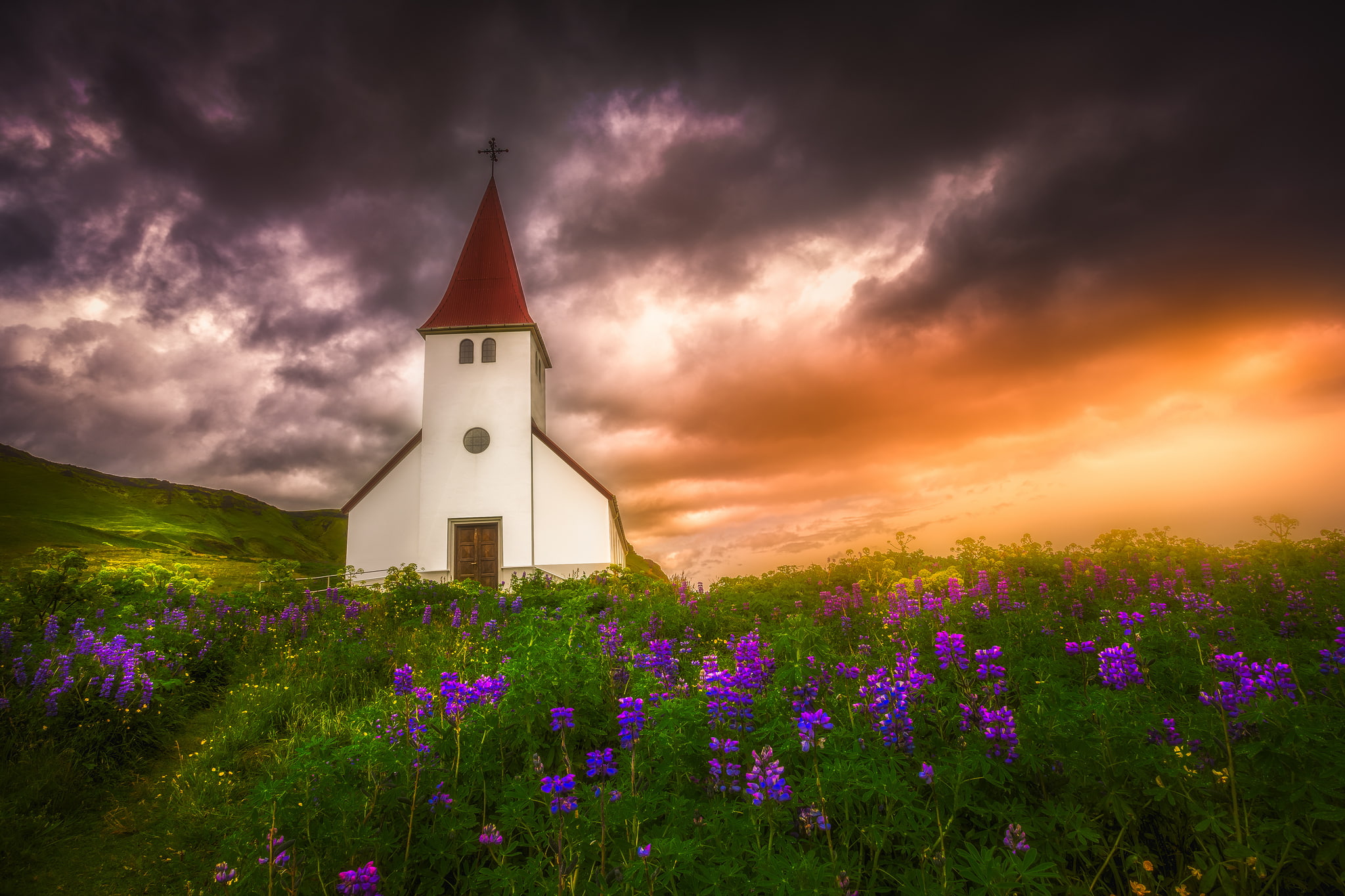 Church, Vik in Myrdal, 1080P, lupins, sunset, meadow, Vic, Iceland, flowers, HD Wallpaper