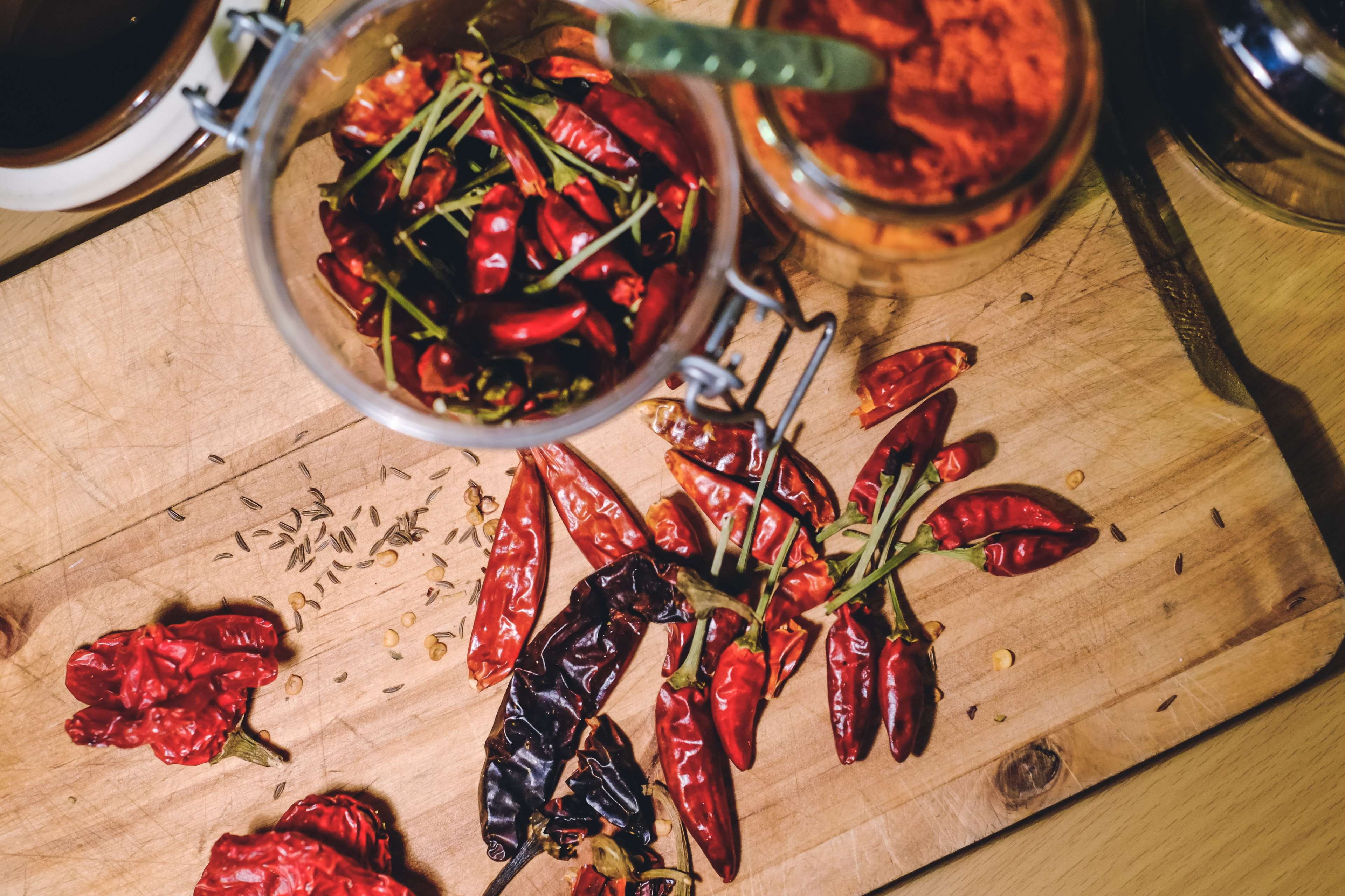 spice, red, glass, kitchen, red chili pepper, fruit, raw, freshness, cutting board, herb, wood - material, high angle view, food, hot, chili pepper, container, HD Wallpaper
