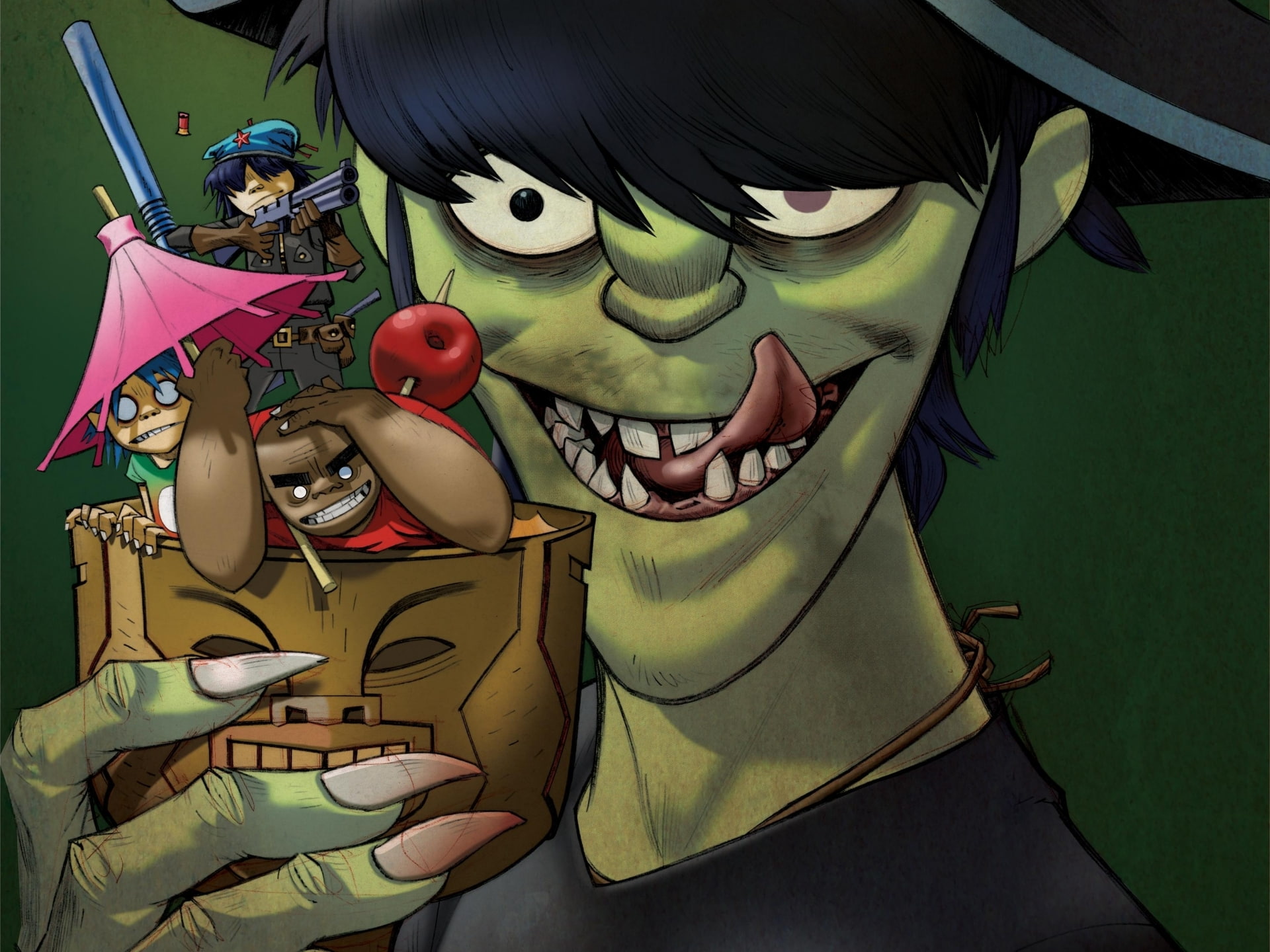 readers., noodle, music, group, umbrella, Russel, Murdoch, 1080P, Russell, Gorillaz, cocktail, Plastic Beach, HD Wallpaper