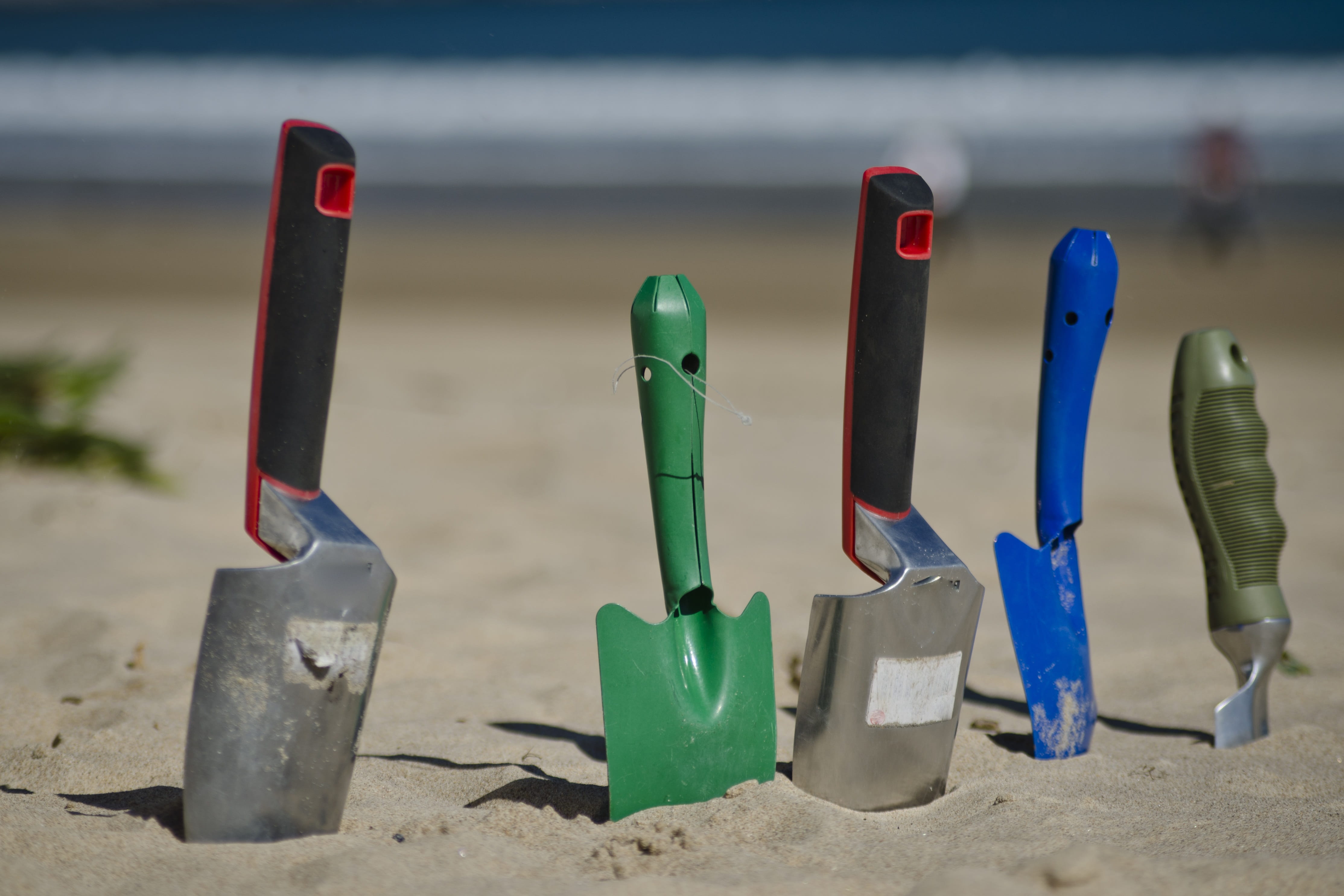 sand, 4K, plastic, water, nature, outdoors, beach, hand tool, land, shovel, group of objects, sea, sunlight, close-up, no people, choice, trowel, green color, HD Wallpaper