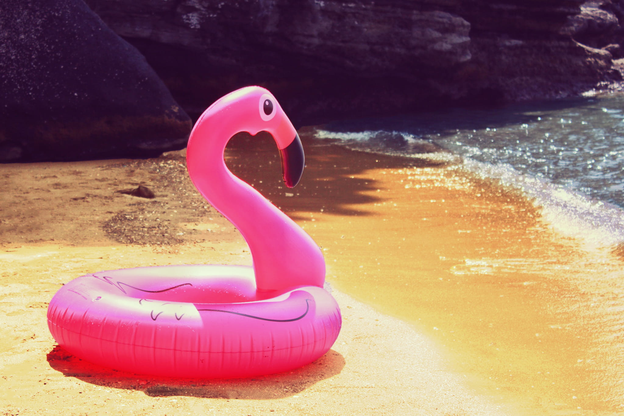 daytime, 1080P, plastic, beach, tubing, seashore, Flamingo, floatie, inflatable, toy, nature, outdoors, animal representation, tube, water, representation, HD Wallpaper