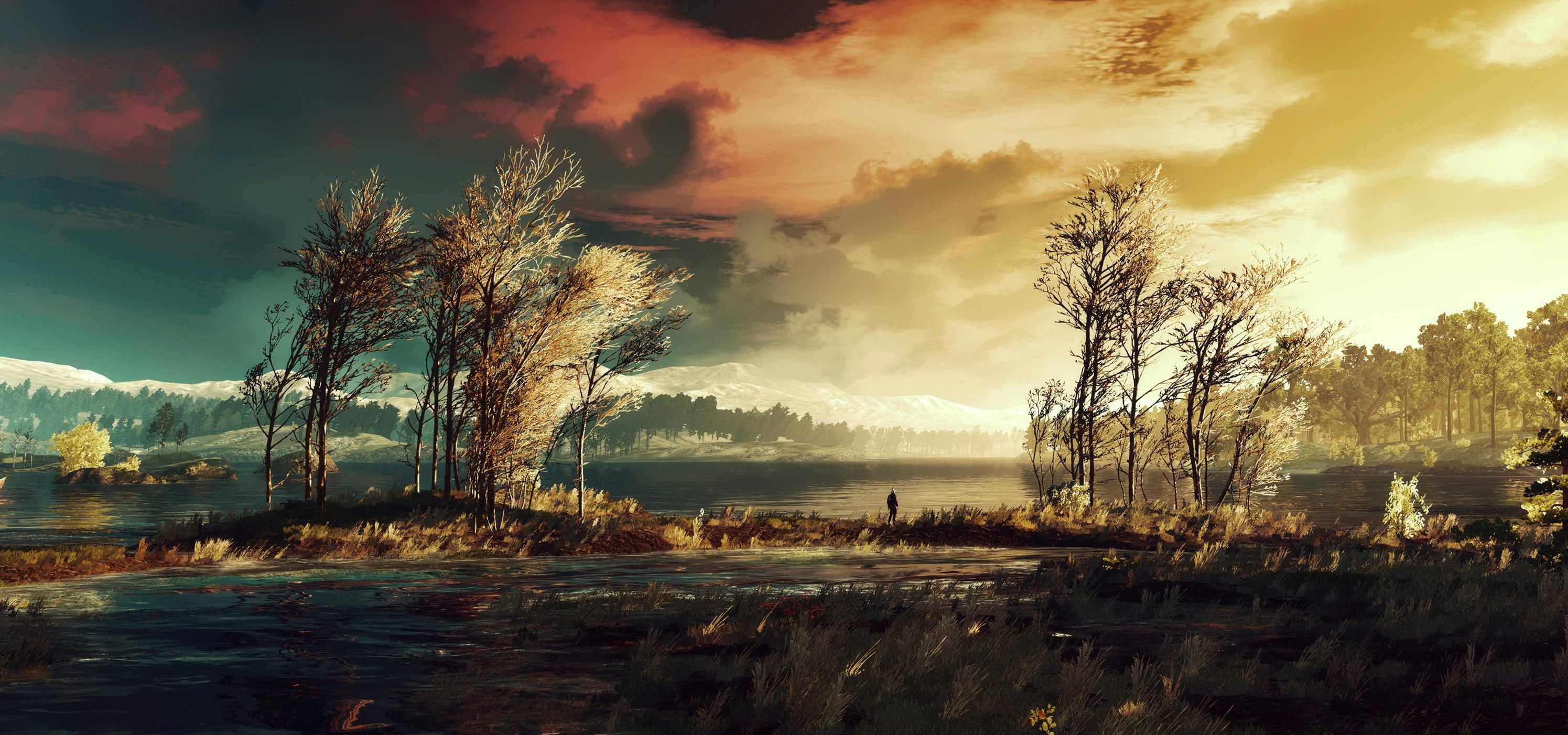 tranquil scene, reflection, outdoors, tranquility, cloud - sky, 2K, no people, pixel art dead trees sunflowers the witcher 3 wild hunt, beauty in nature, HD Wallpaper